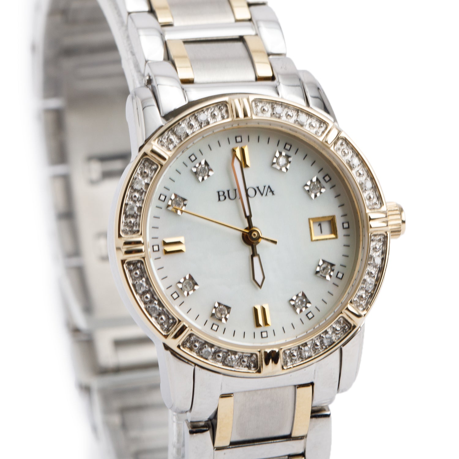 Bulova Two-Tone Stainless Steel Diamond Bezel 26 MM Quartz Watch Mother of Pearl Diamond Dial 98R107 w/ Box
