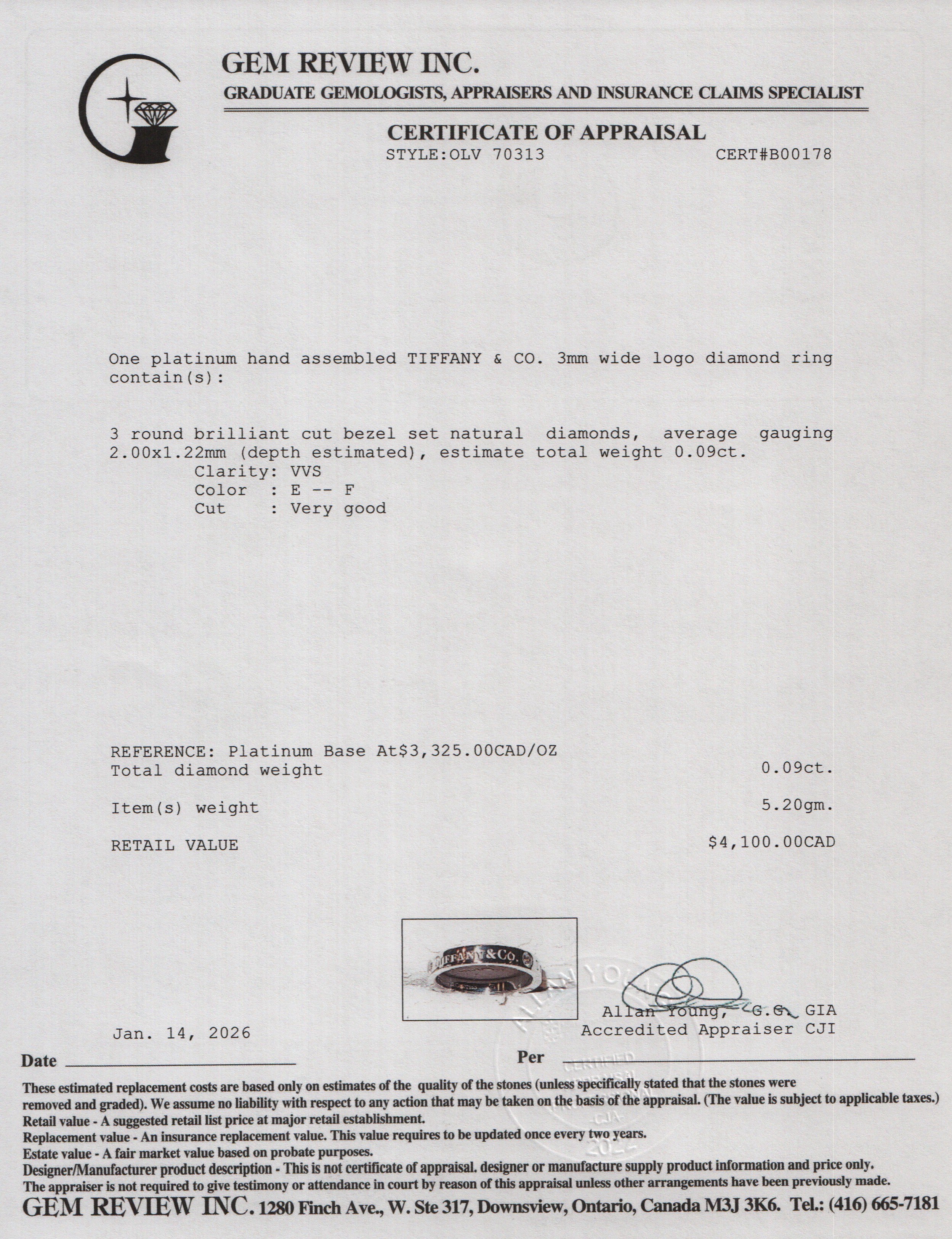 Tiffany & Co. Platinum & 3 Diamond 3 MM Logo Band Ring, Size 4.75