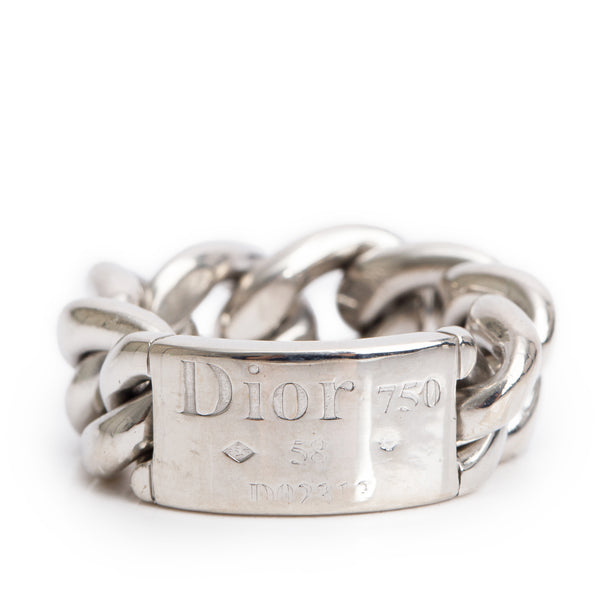 Christian Dior 18k White Gold Gourmette Chain Ring, Size 58 8