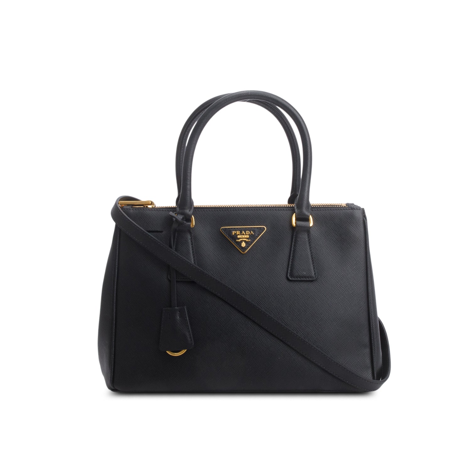Prada Black Saffiano Leather Small Double Zip Galleria Tote w/ Authenticity Card & Strap