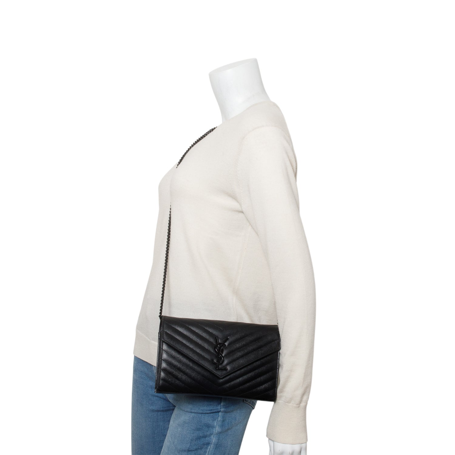 Saint Laurent So Black Grain De Poudre Leather Classic Cassandre Envelope Chain Wallet