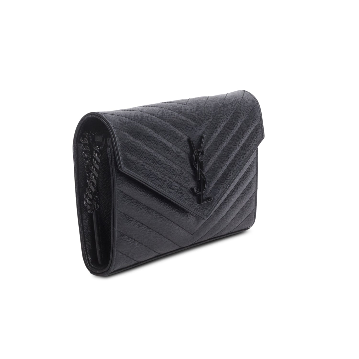 Saint Laurent So Black Grain De Poudre Leather Classic Cassandre Envelope Chain Wallet