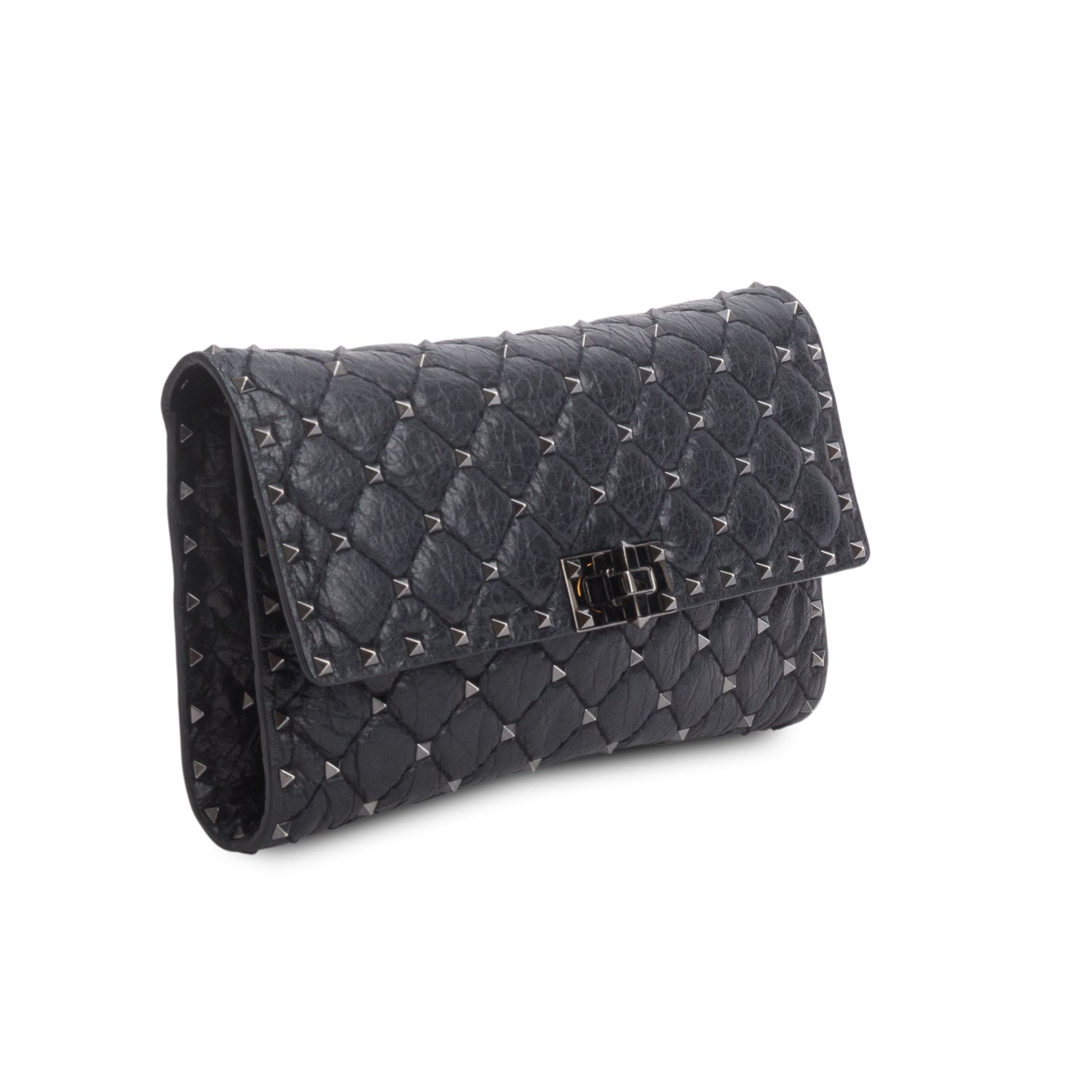 Valentino Black Craquele Nappa Rockstud Spike Wallet on Chain