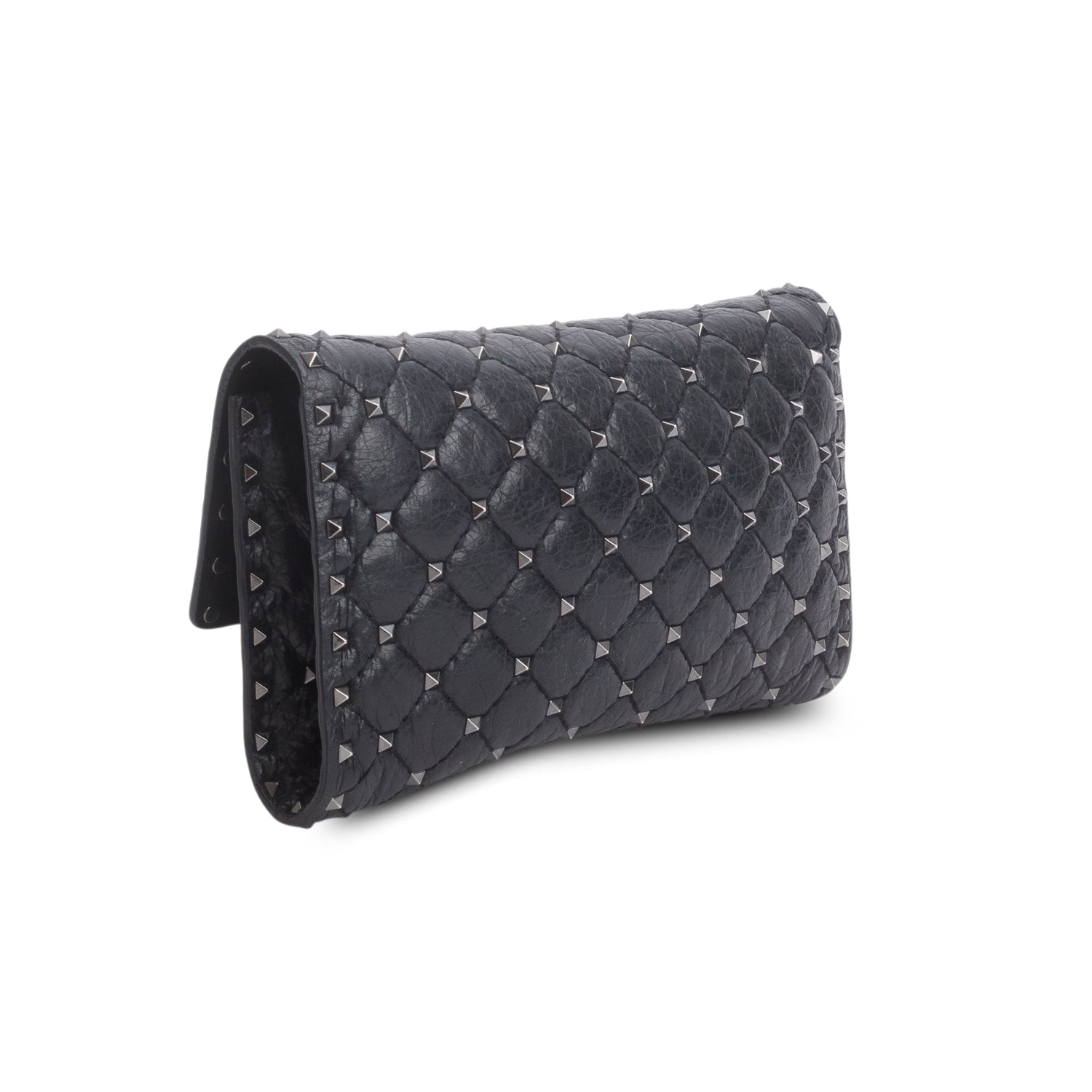 Valentino Black Craquele Nappa Rockstud Spike Wallet on Chain