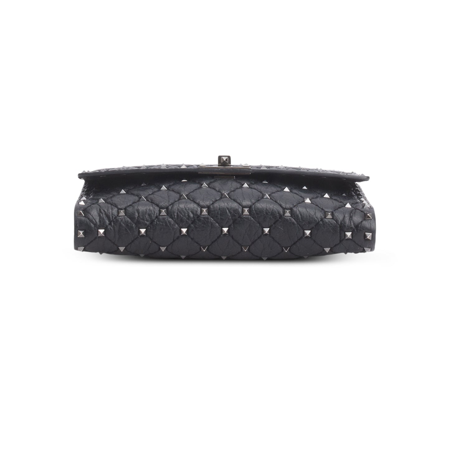 Valentino Black Craquele Nappa Rockstud Spike Wallet on Chain