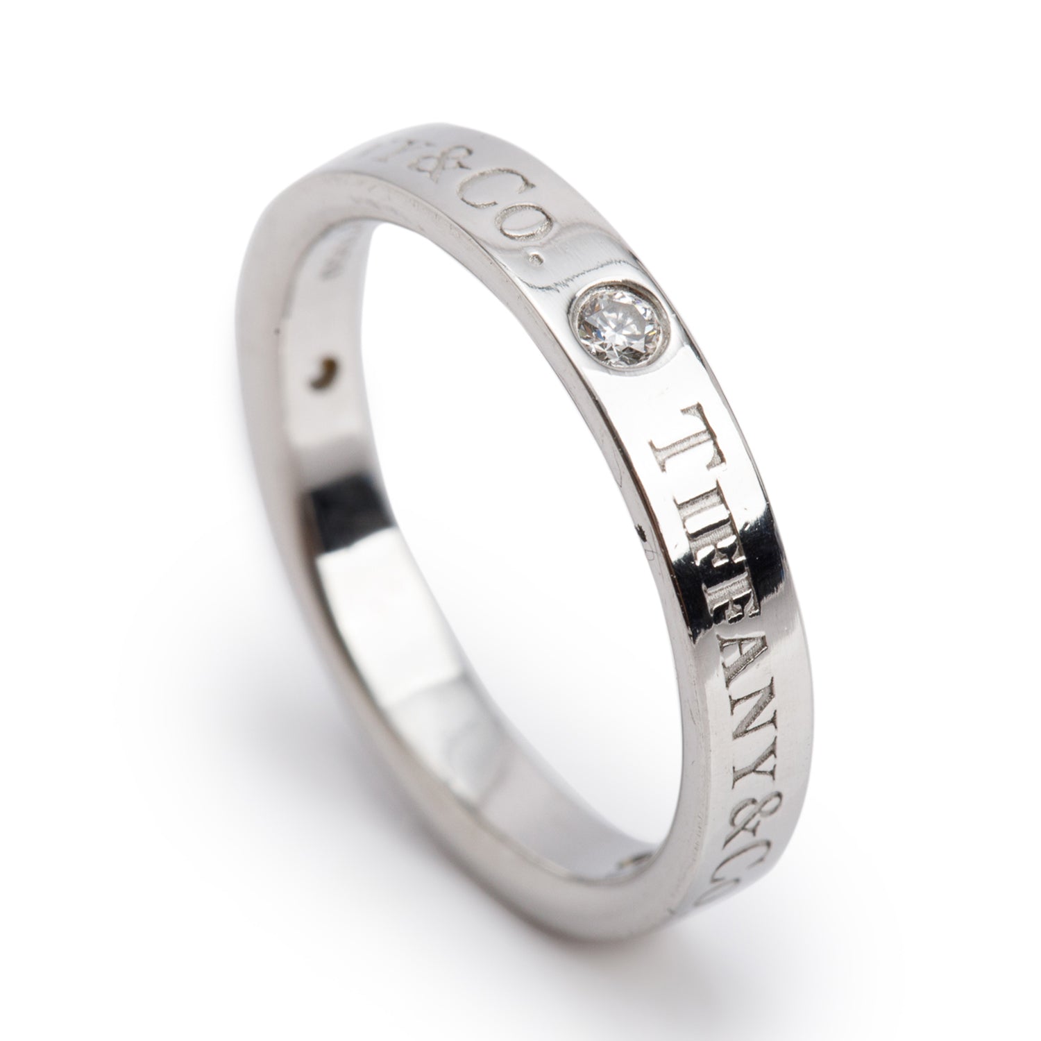 Tiffany & Co. Platinum & 3 Diamond 3 MM Logo Band Ring, Size 4.75