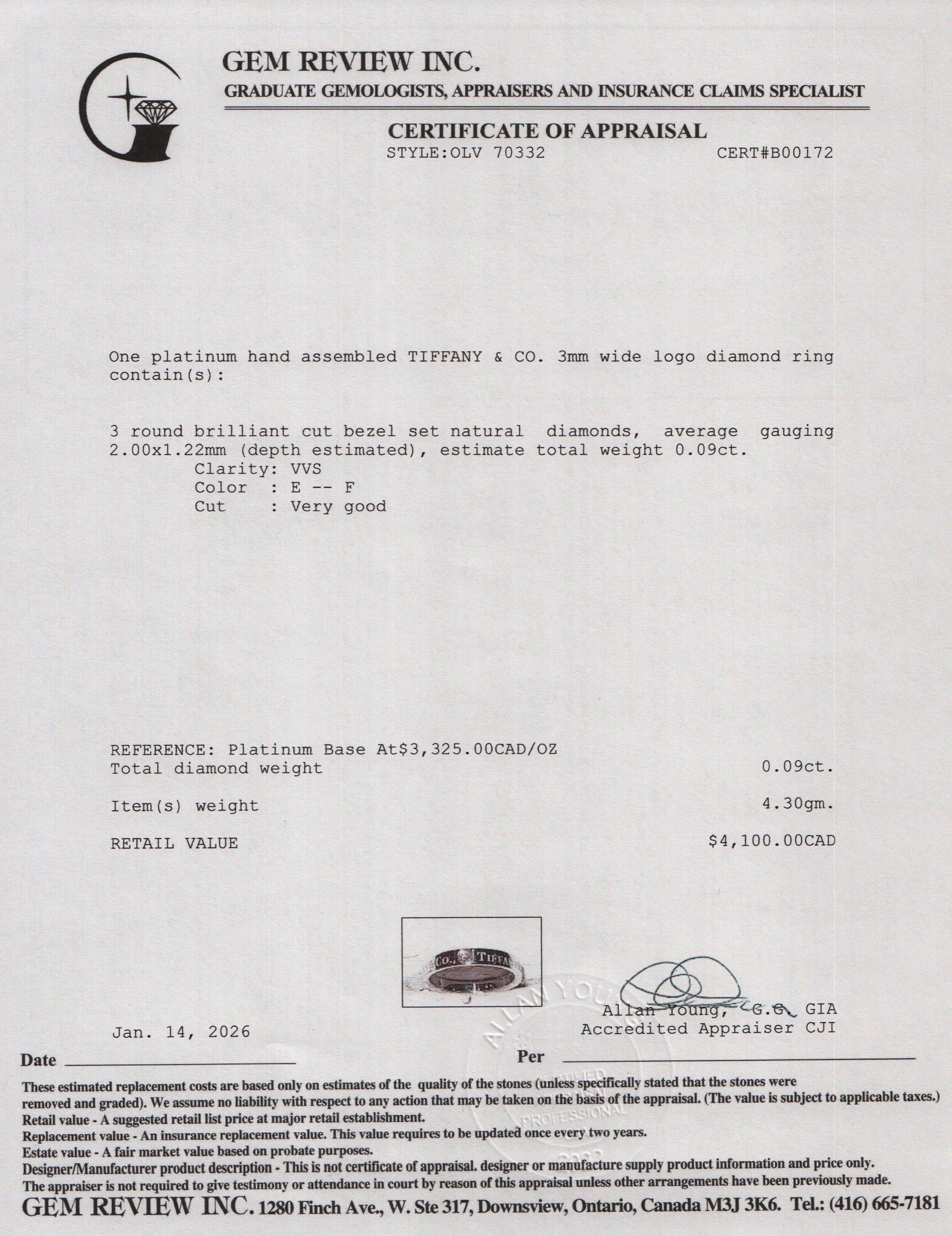 Tiffany & Co. Platinum & 3 Diamond 3 MM Logo Band Ring, Size 4.75