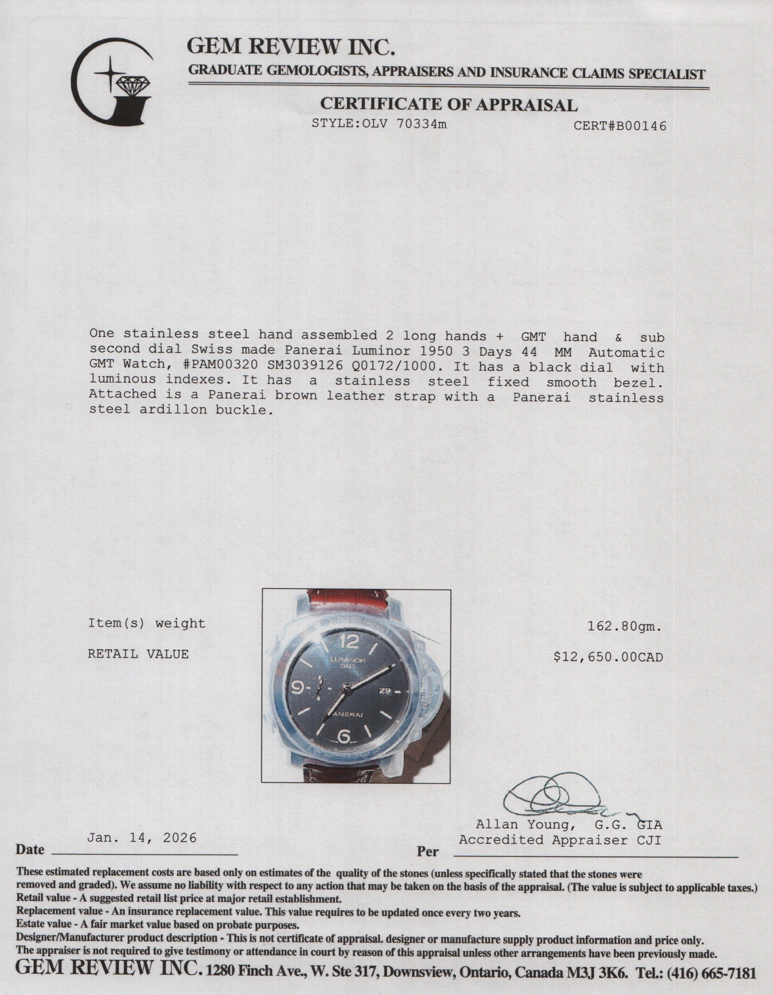 Panerai Stainless Steel Luminor 1950 3 Days 44 MM Automatic GMT Watch Black Dial PAM00320 w/ Box & Papers