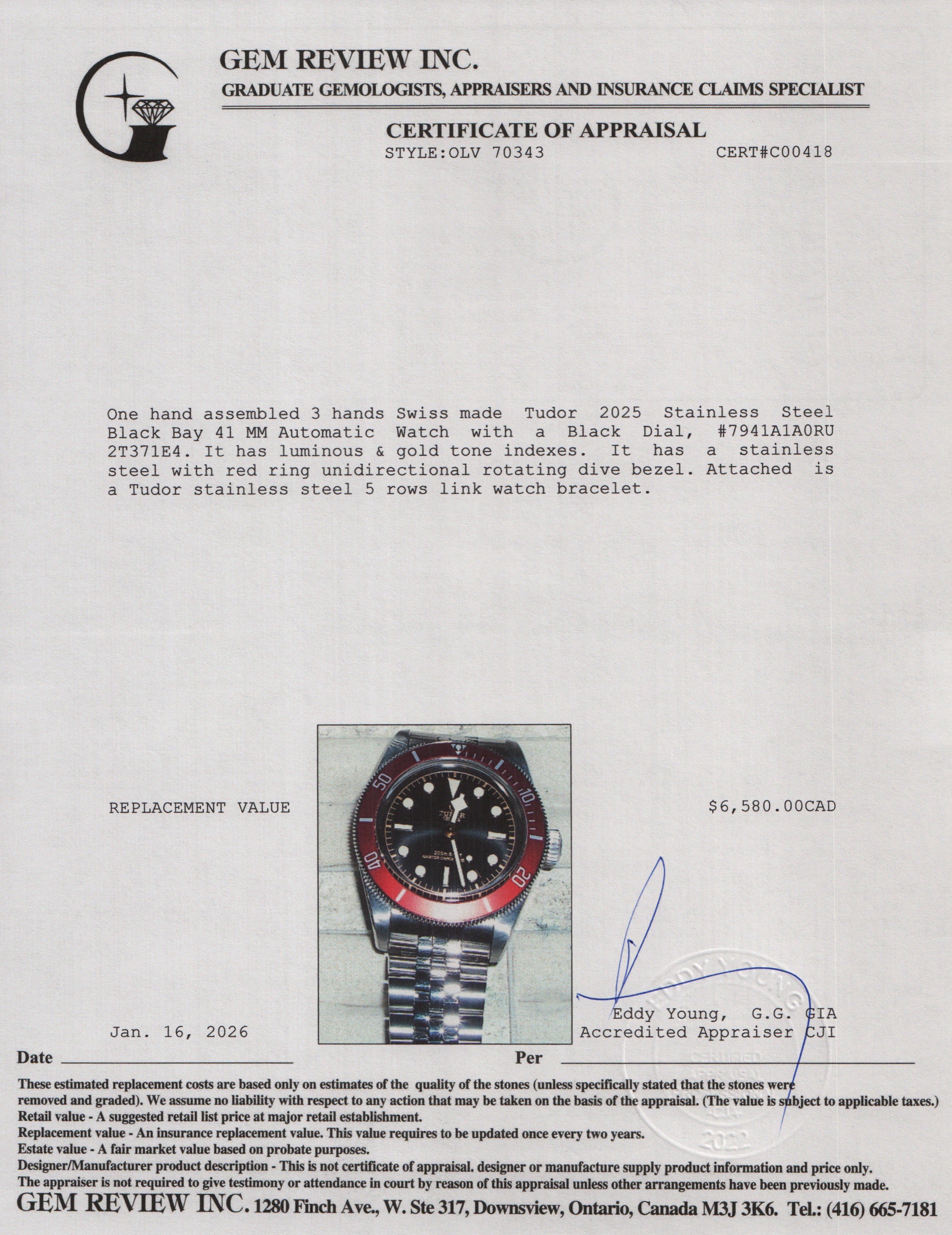 Tudor 2025 Stainless Steel Black Bay 41 MM Automatic Watch Black Dial 7941A1A0RU w/ Paper
