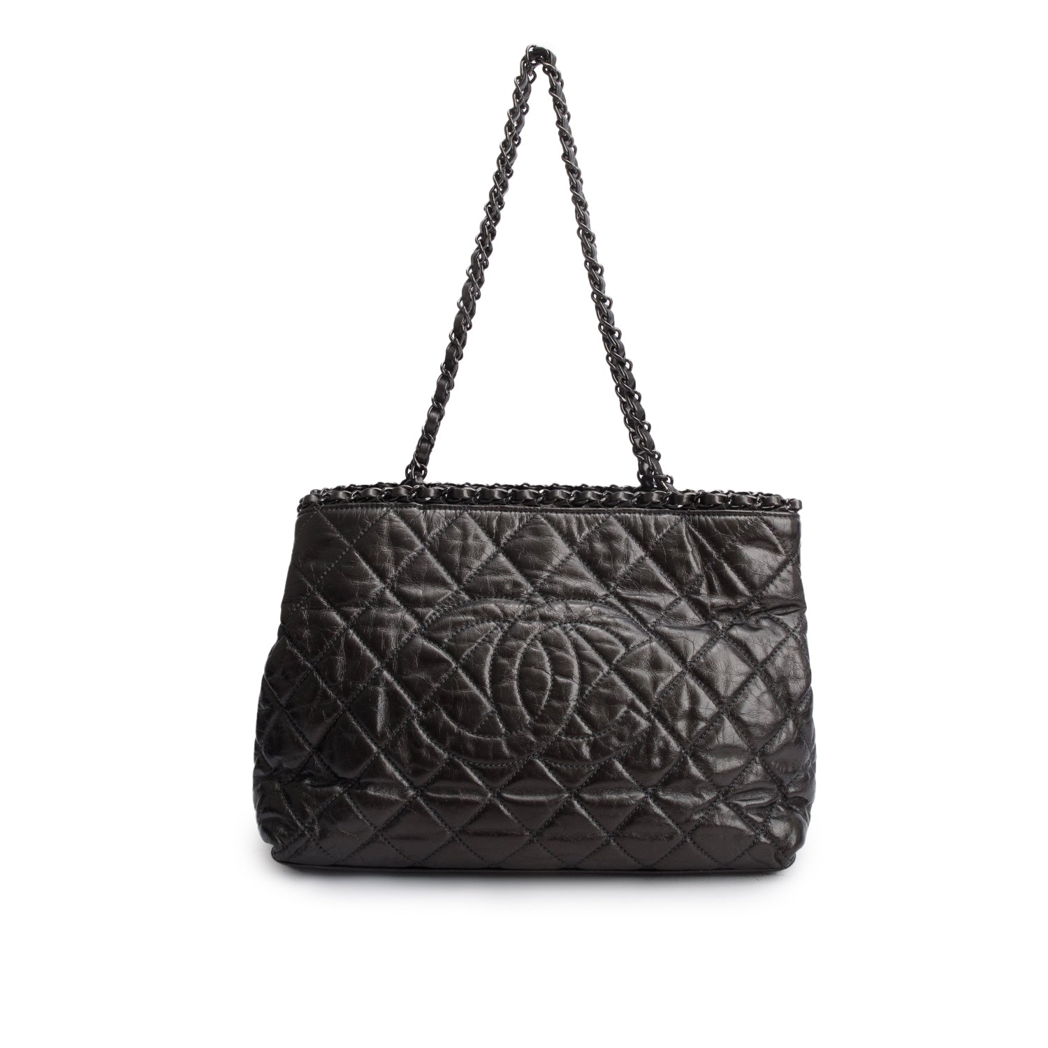Chanel Metallic Grey Aged Calfskin Quilted Small Chain Tote w/ Authenticity Card