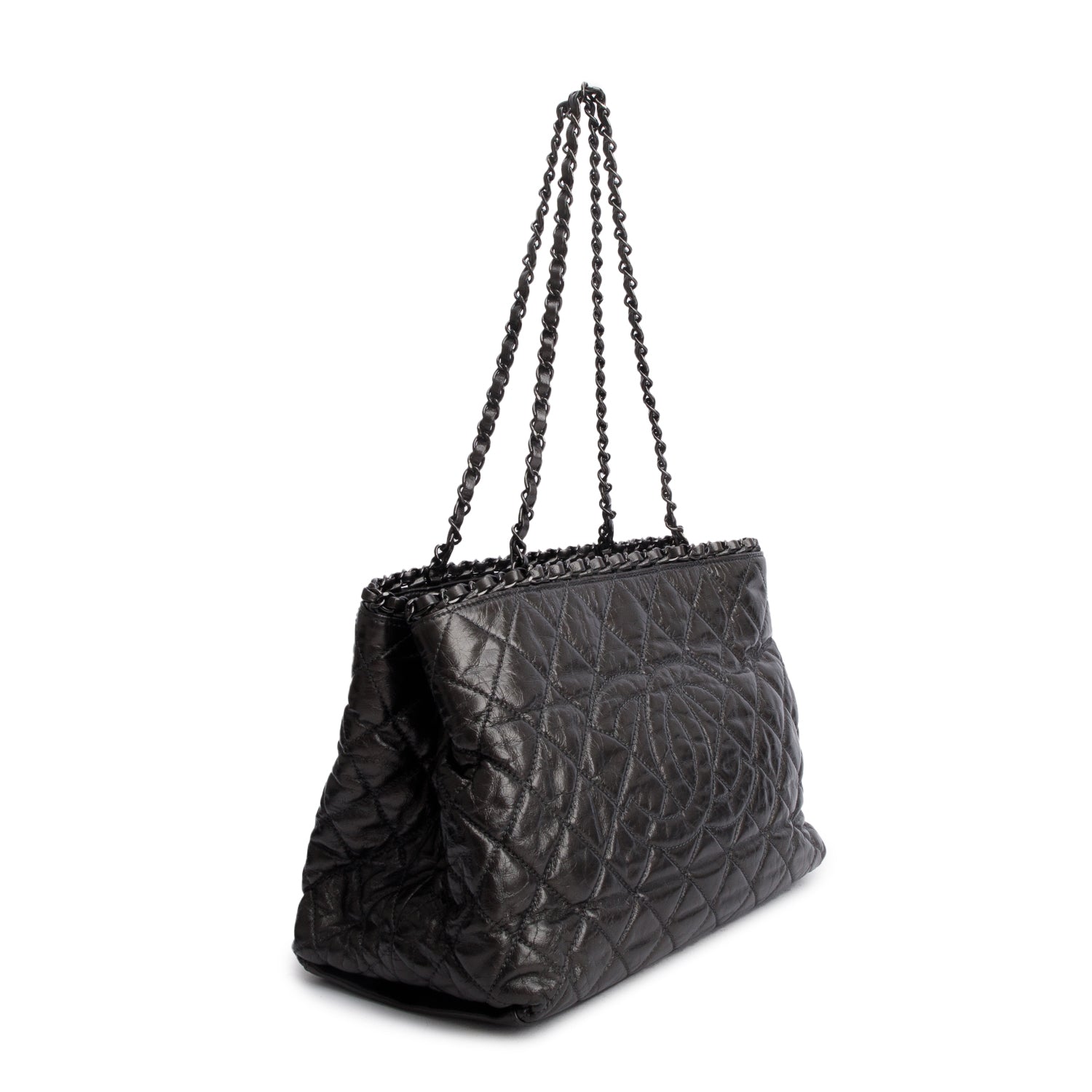 Chanel Metallic Grey Aged Calfskin Quilted Small Chain Tote w/ Authenticity Card