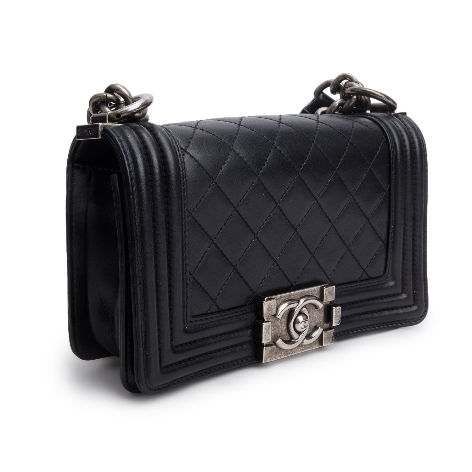 Chanel Black Lambskin Quilted Small Boy Bag w/ Authenticity Card