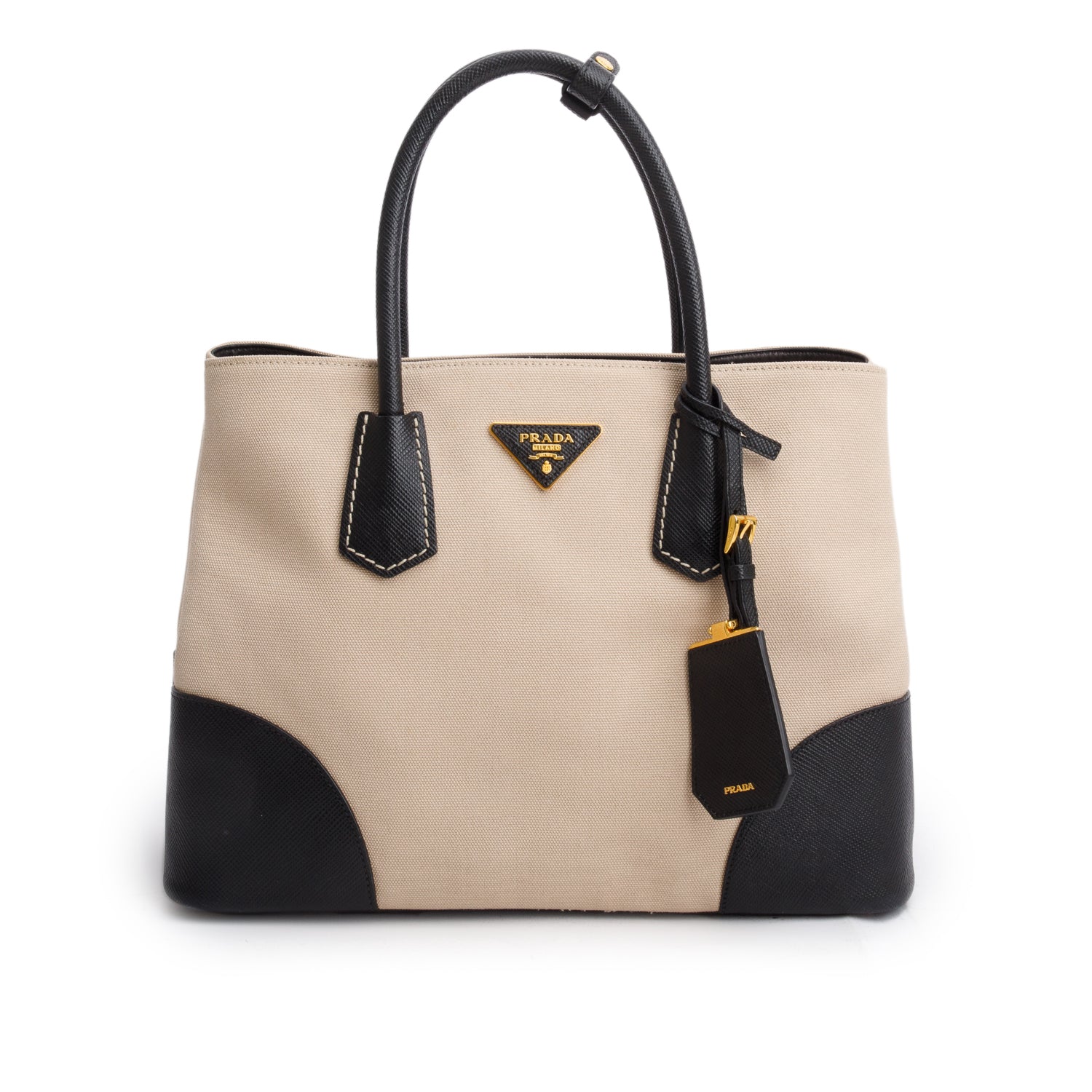 Prada Black Saffiano Lux and Beige Canapa Medium Galleria Tote w/ Authenticity Carrd