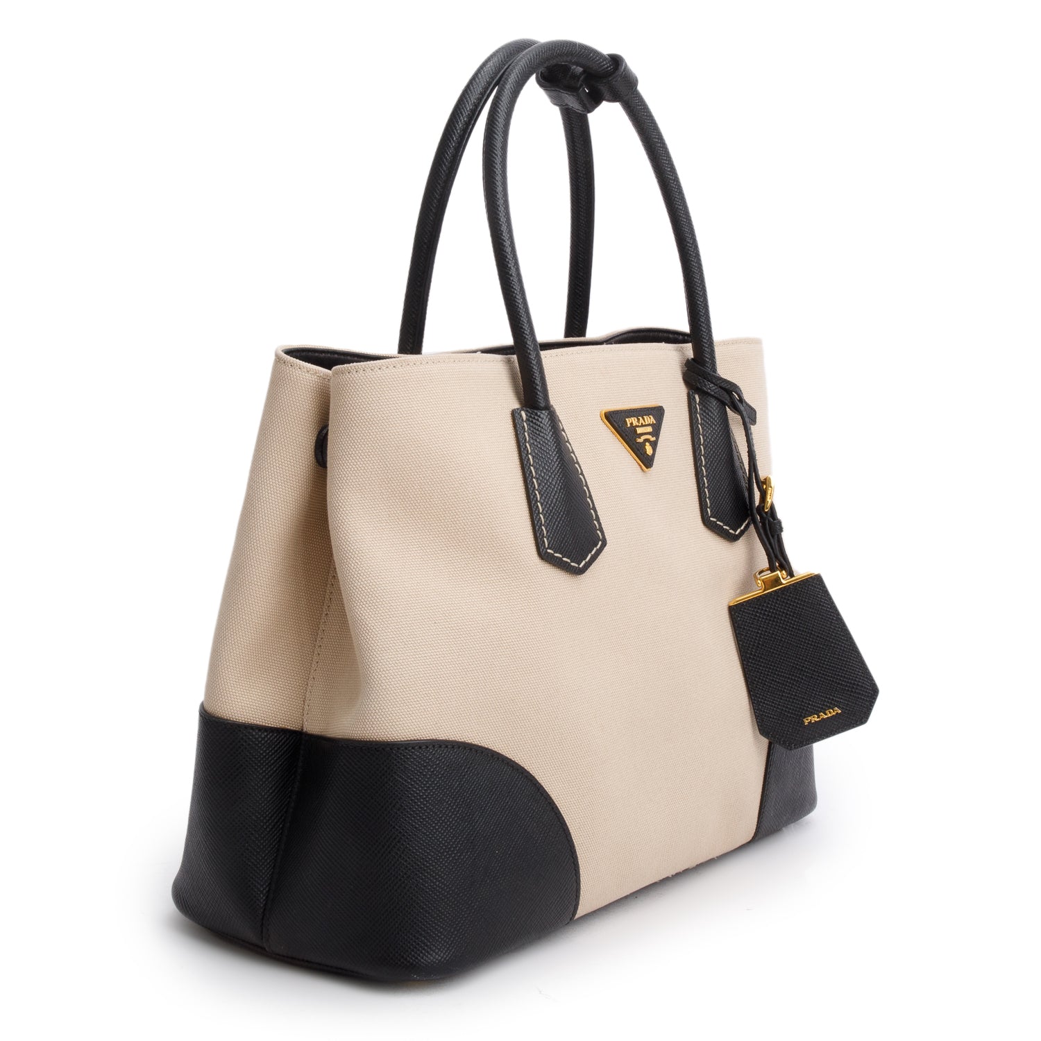 Prada Black Saffiano Lux and Beige Canapa Medium Galleria Tote w/ Authenticity Carrd
