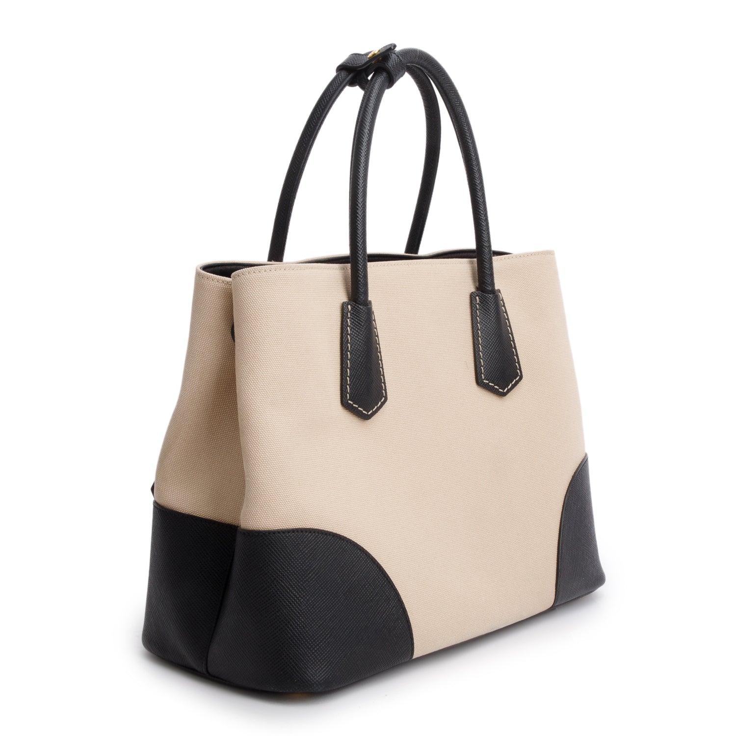 Prada Black Saffiano Lux and Beige Canapa Medium Galleria Tote w/ Authenticity Carrd