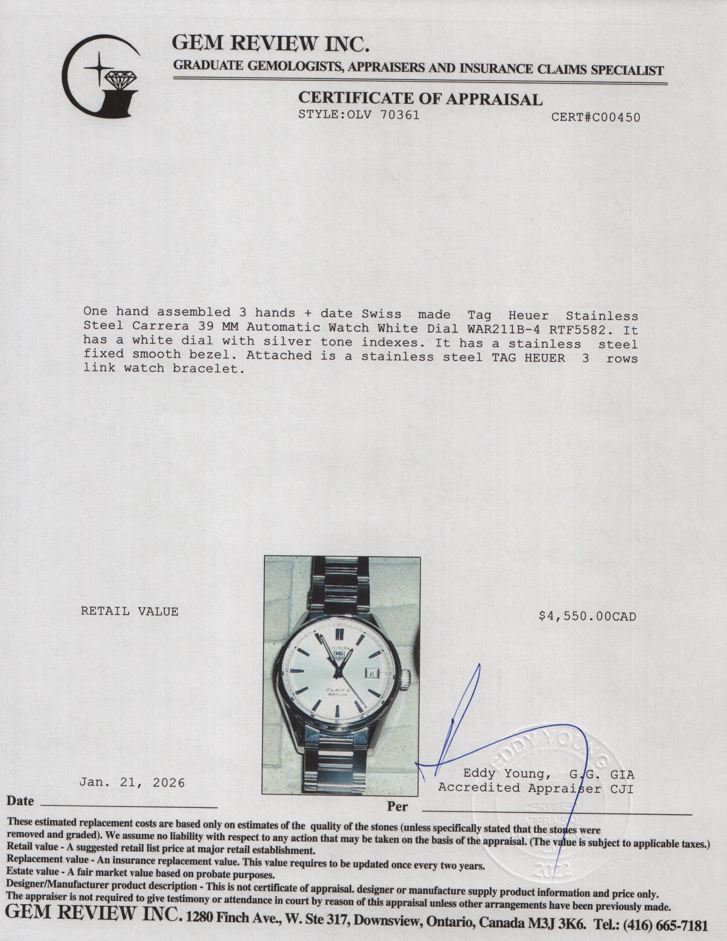 Tag Heuer Stainless Steel Carrera 39 MM Automatic Watch White Dial WAR211B-4 w/ Box & Papers