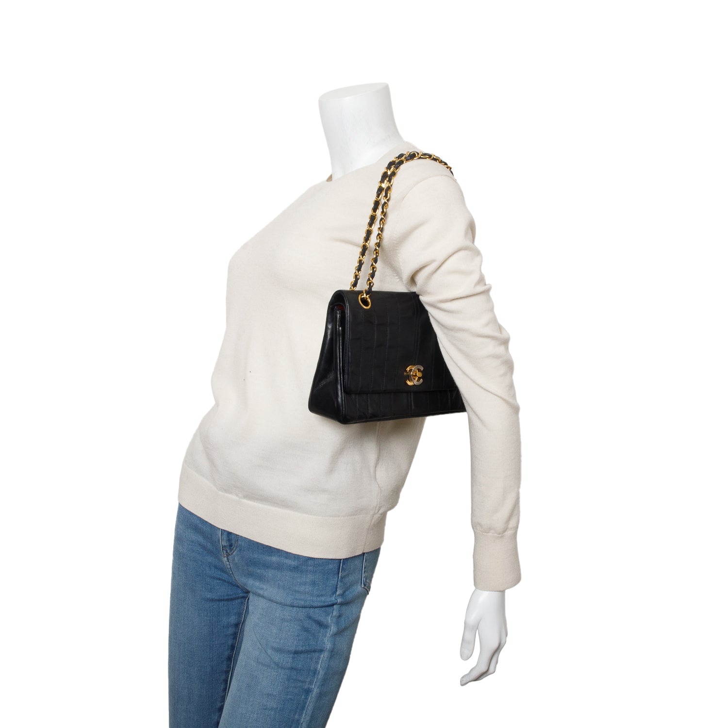 Chanel Vintage Black Lambskin Vertical Quilt Double Flap Bag
