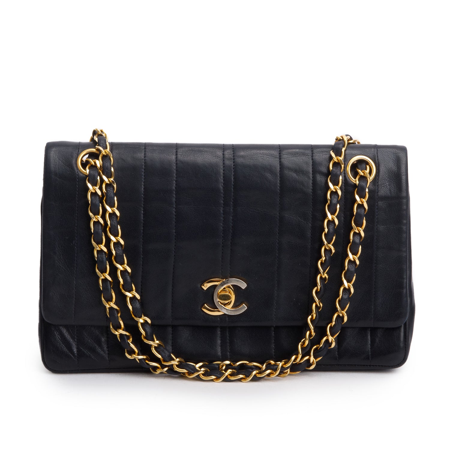 Chanel Vintage Black Lambskin Vertical Quilt Double Flap Bag