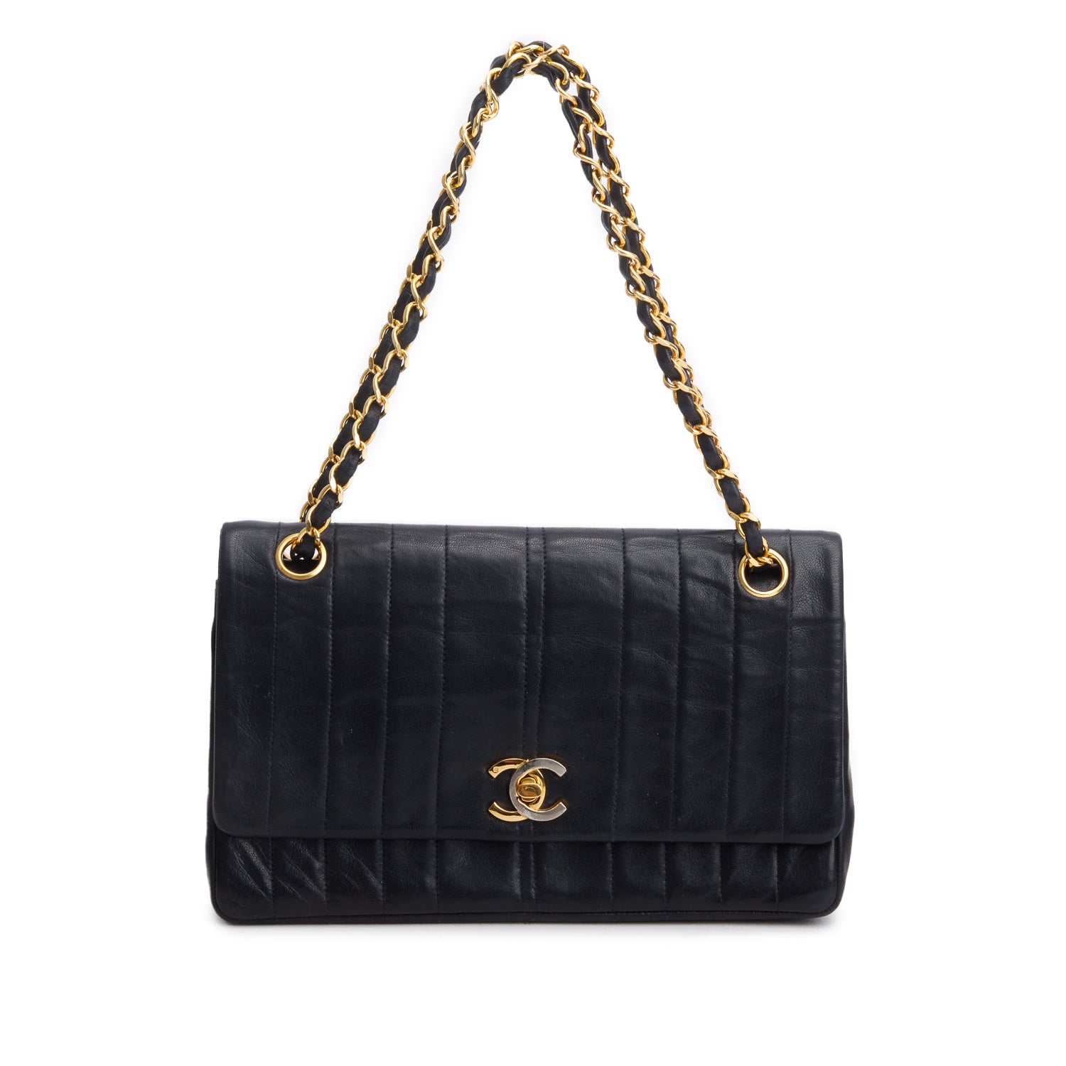 Chanel Vintage Black Lambskin Vertical Quilt Double Flap Bag