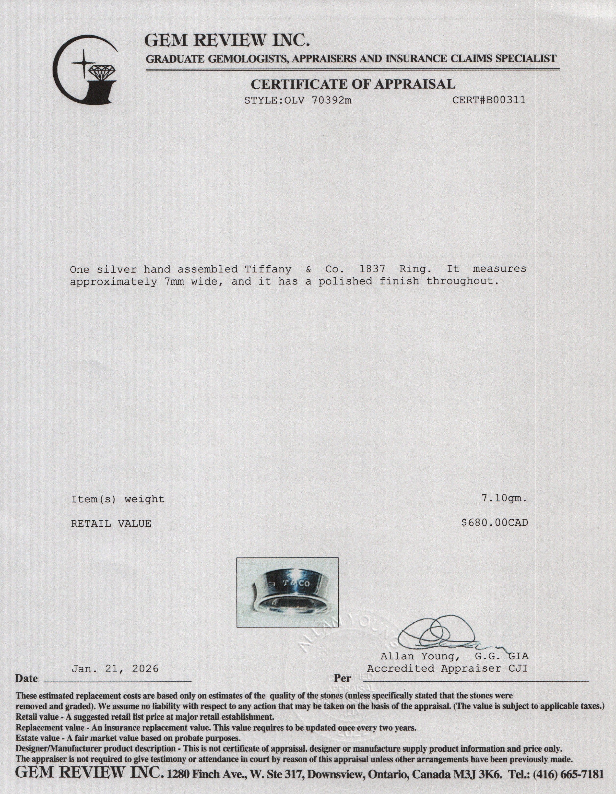 Tiffany & Co. Sterling Silver Medium 1837 Ring, Size 6