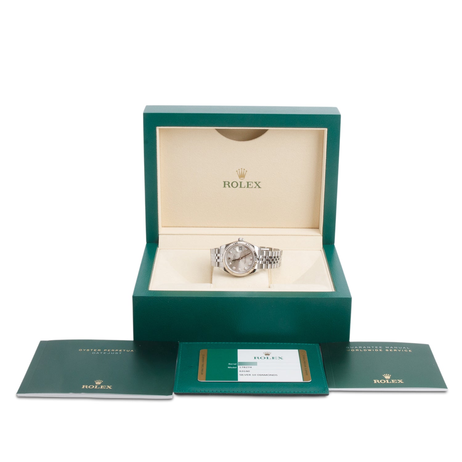 Rolex Stainless Steel Silver Datejust 31 MM Automatic Watch Silver Diamond Dial 178274 w/ Box & Papers