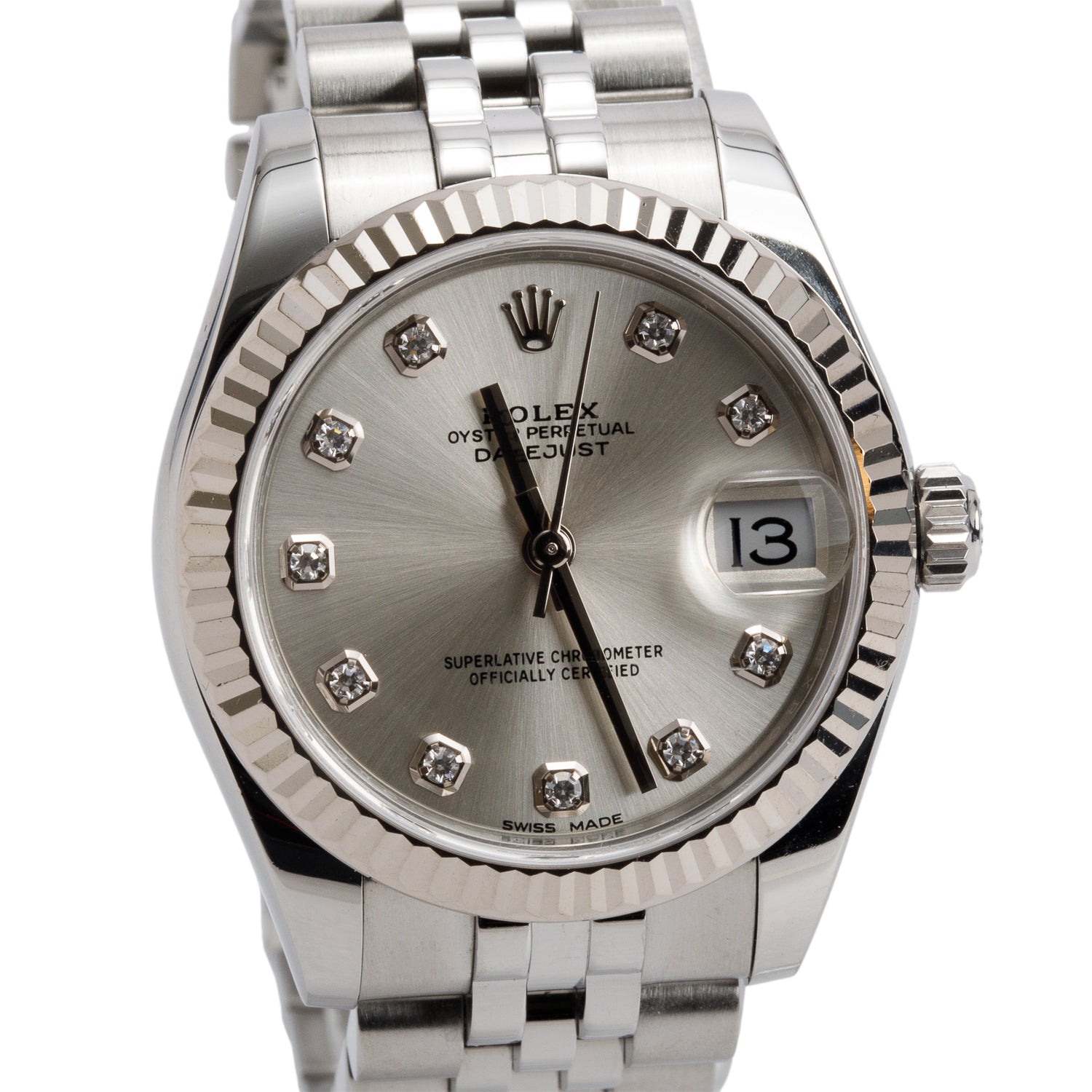 Rolex Stainless Steel Silver Datejust 31 MM Automatic Watch Silver Diamond Dial 178274 w/ Box & Papers