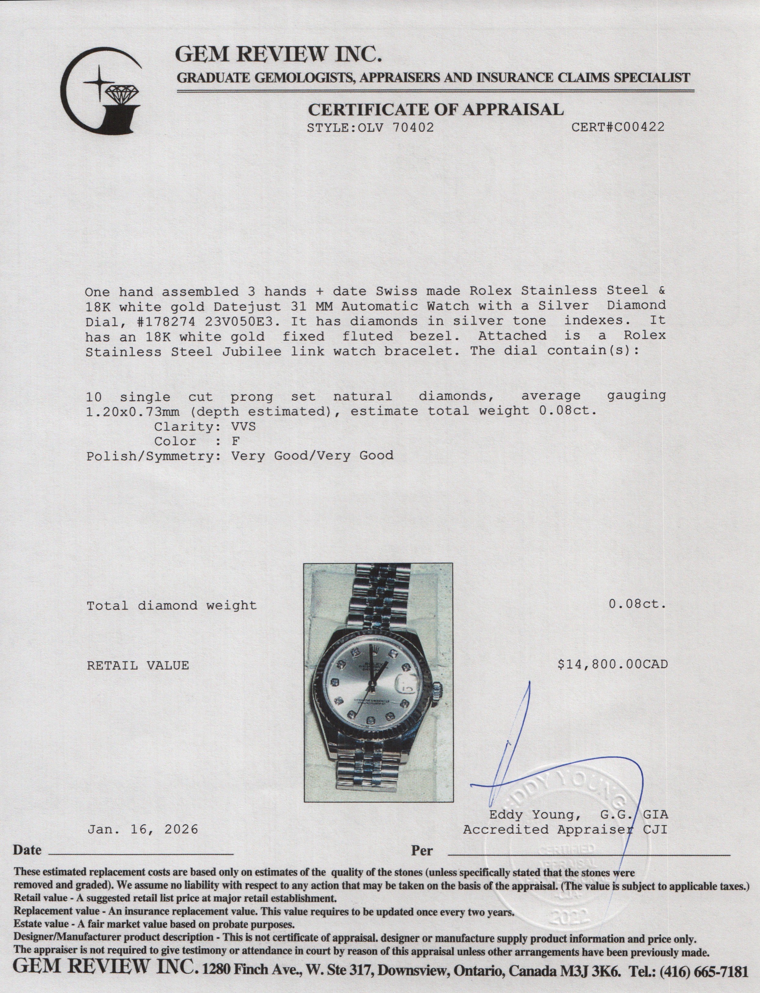 Rolex Stainless Steel Silver Datejust 31 MM Automatic Watch Silver Diamond Dial 178274 w/ Box & Papers