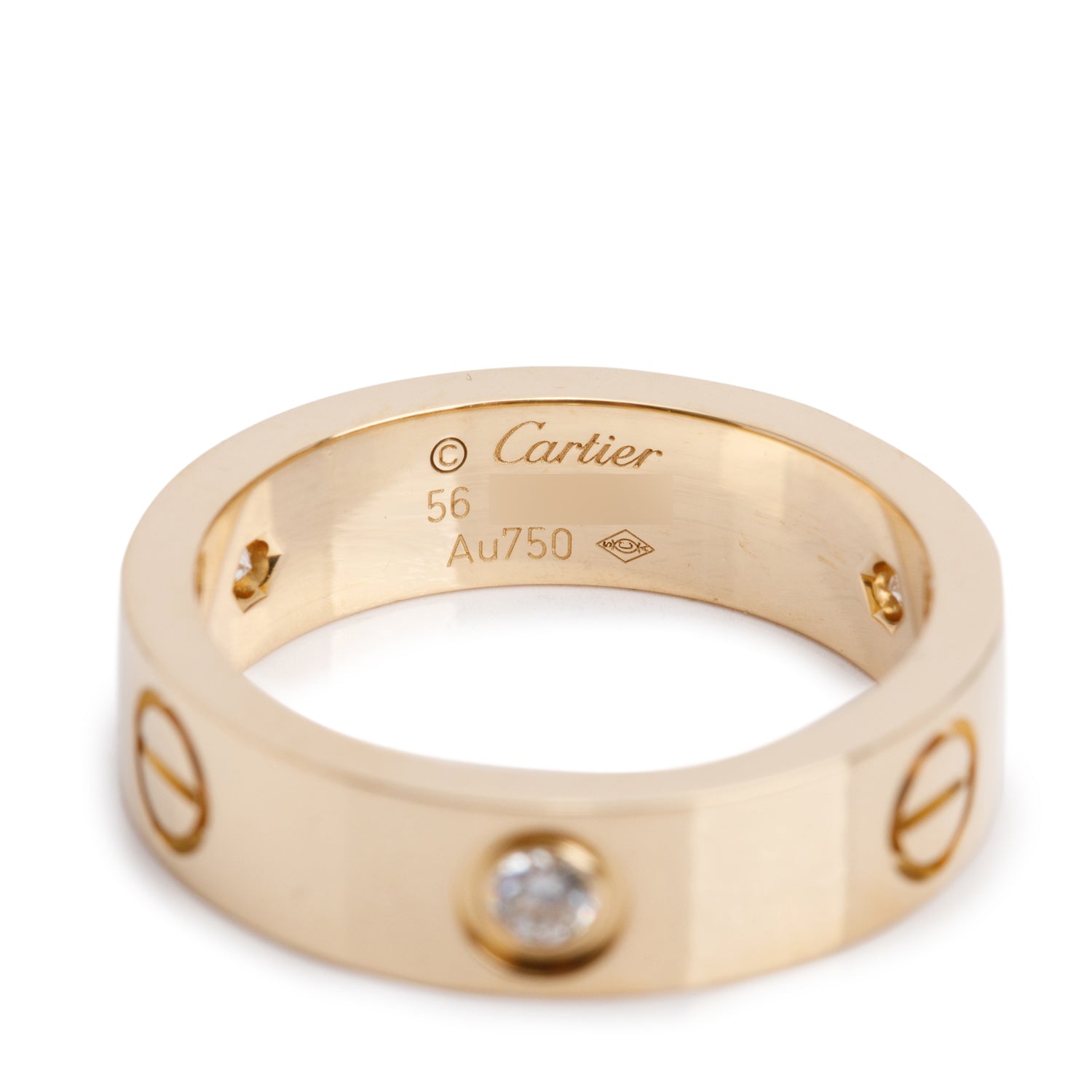 Cartier 2022 18k Yellow Gold 3 Diamond 5.5 MM Love Ring, Size 56 7.75 w/ Certificate