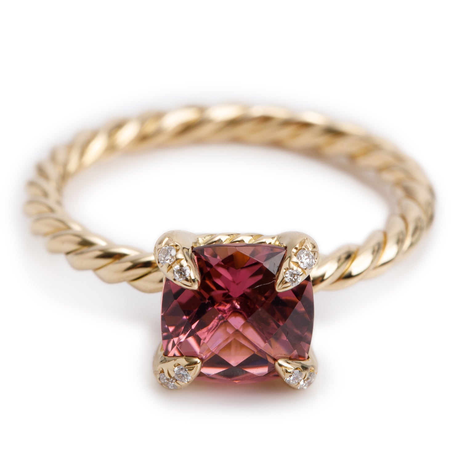 David Yurman 18k Yellow Gold Diamond & 7 MM Pink Torurmaline Chatelaine Ring, Size 4.75 w/ Box