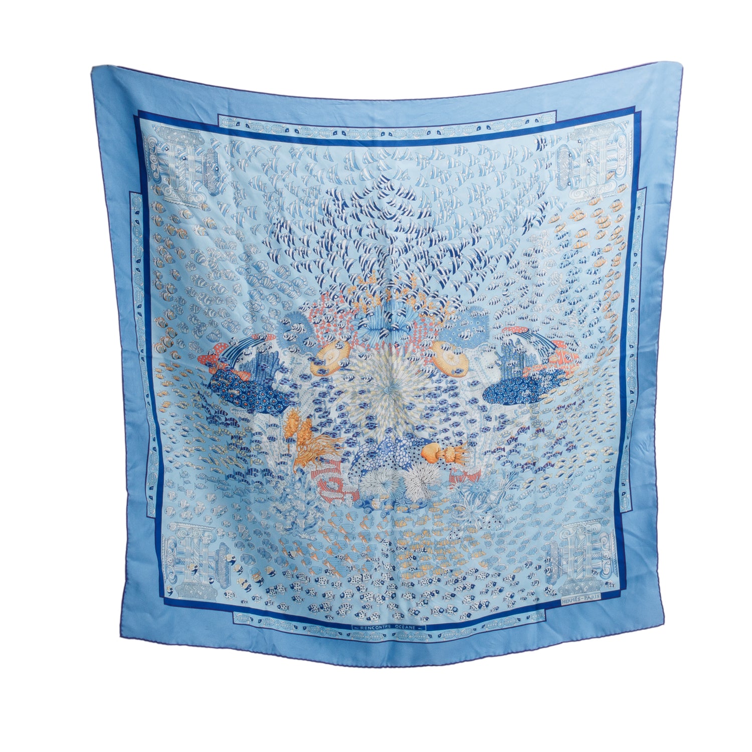 Hermes Blue & Multicolor 'Rencontre Oceane' Silk Scarf 90
