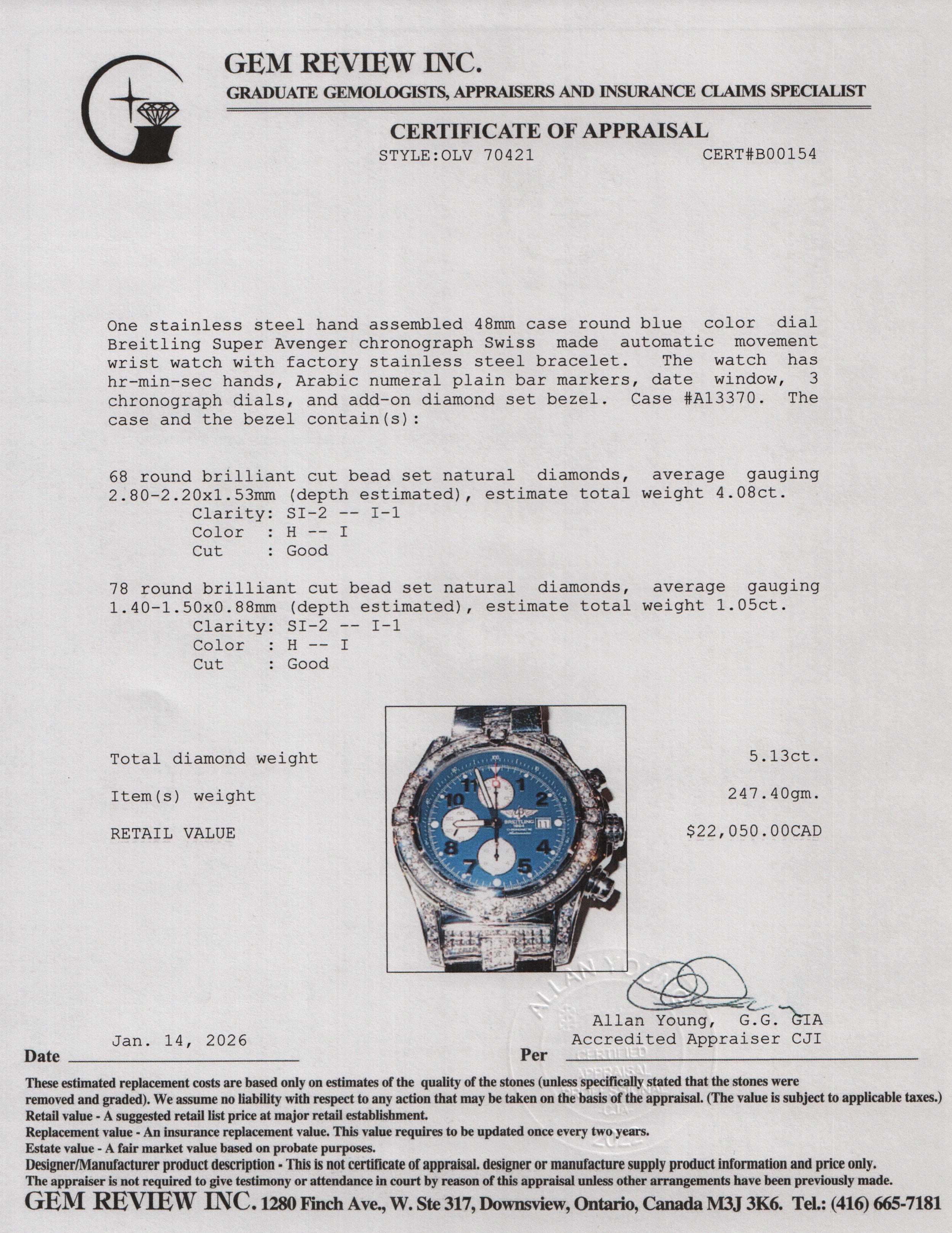 Breitling Stainless Steel Diamond Bezel Super Avenger 48 MM Automatic Chronograph Watch Blue Dial A13370