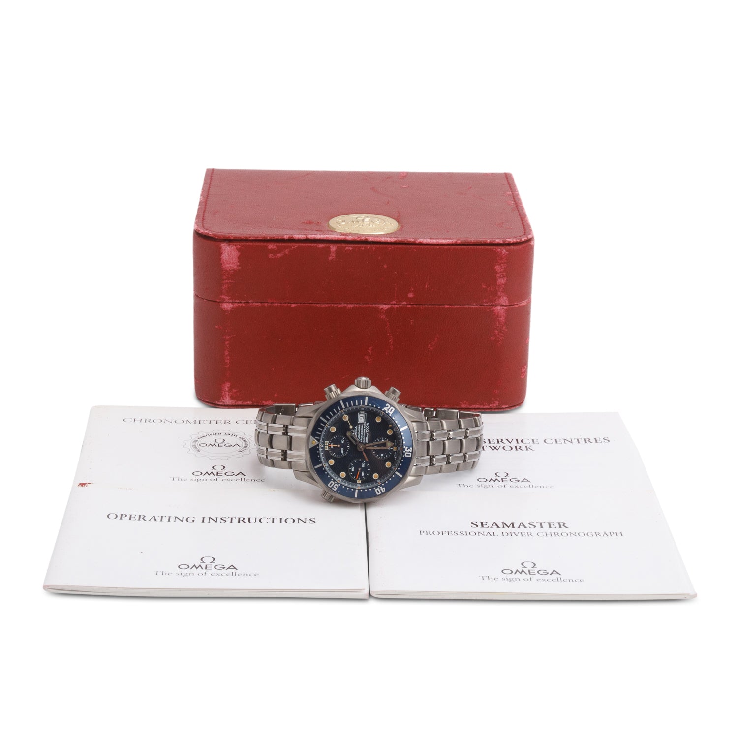 Omega Titanium Seamaster Diver 300M 41.5 MM Automatic Chronograph Watch Blue Dial w/ Box & Papers
