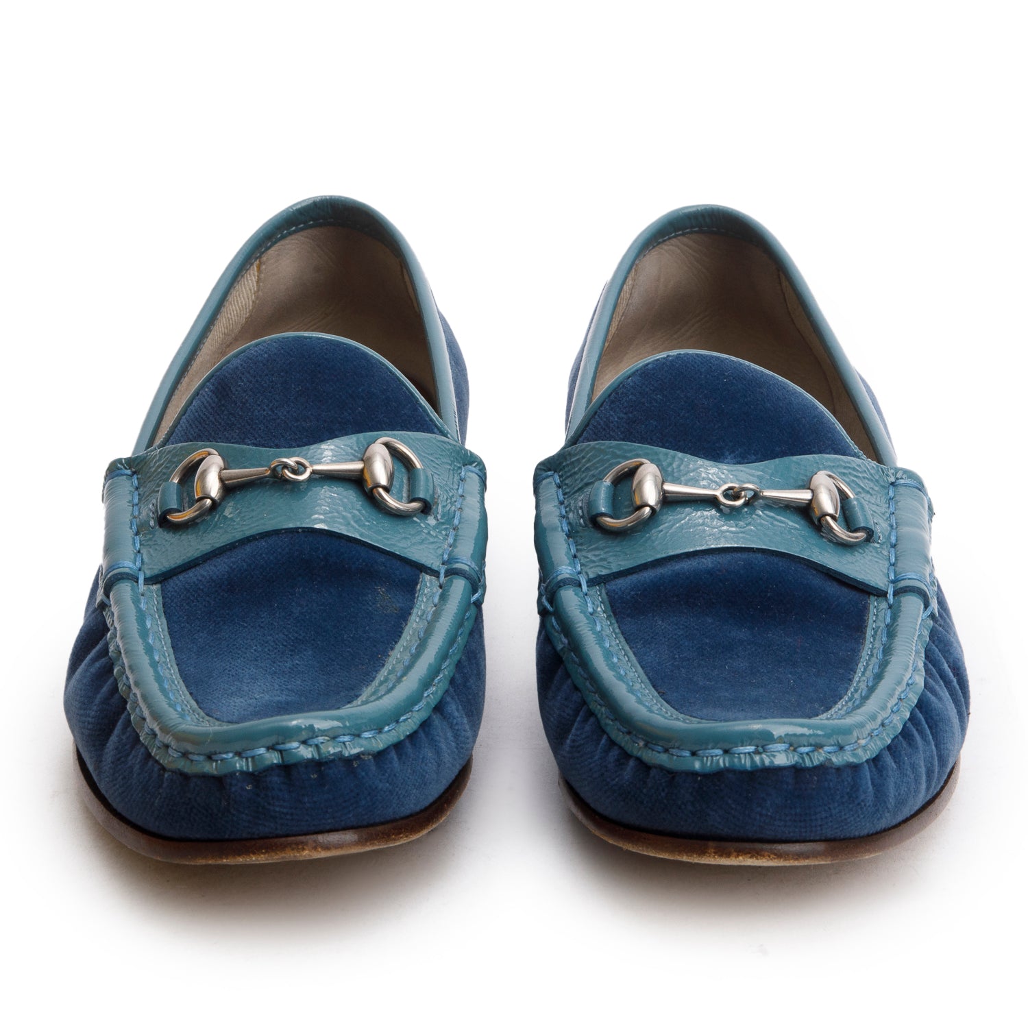 Gucci Blue Patent Leather Denim Horsebit Loafers, Size 36 w/ Box