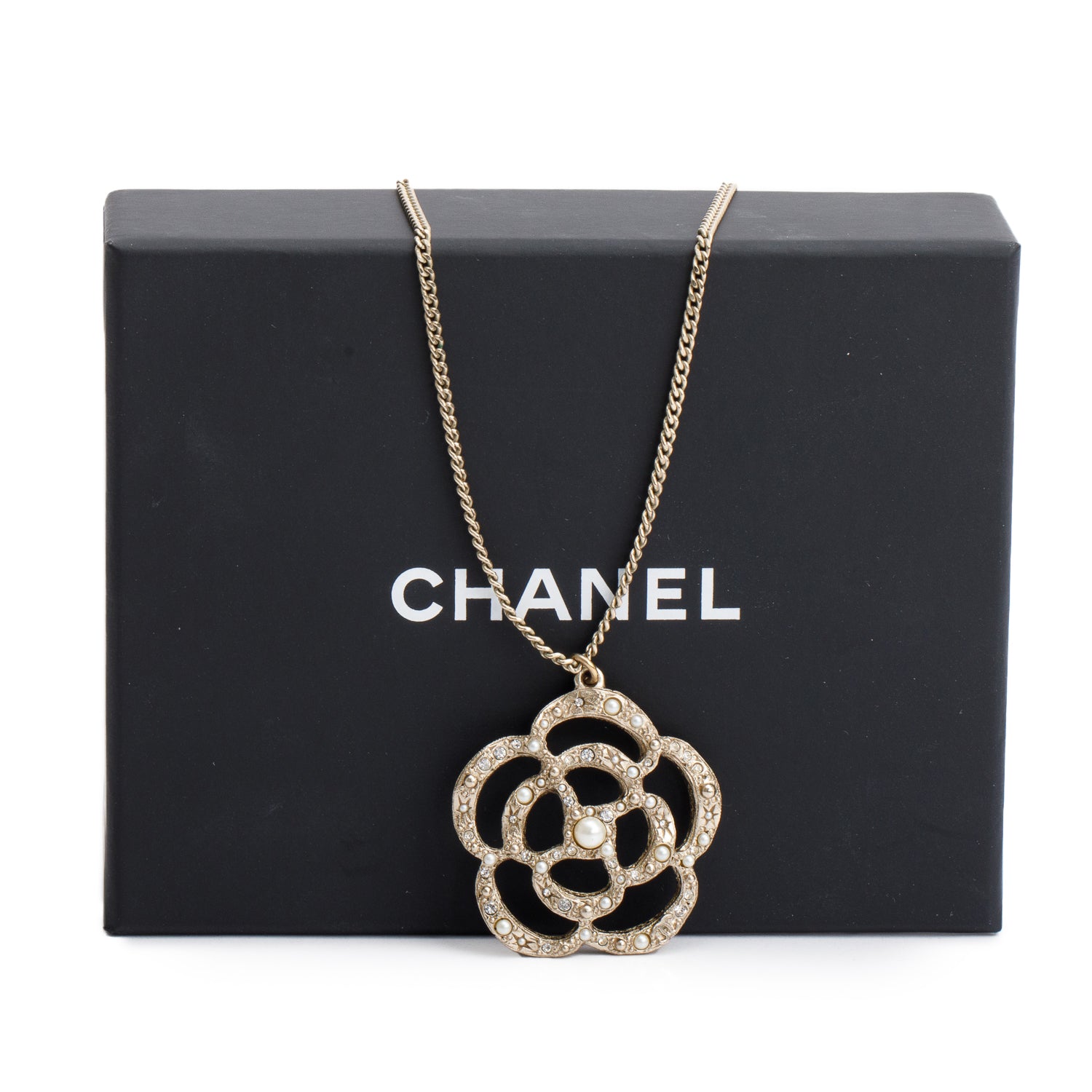 Chanel Gold-Plated Metal Faux Pearl & Strass Camellia Flower Pendant Necklace w/ Box