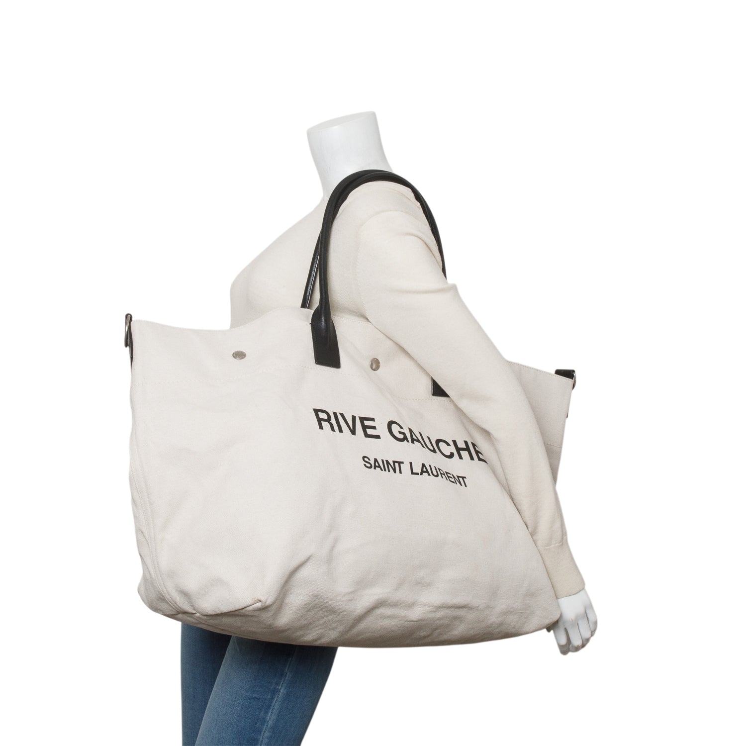 Saint Laurent 2021 Beige Linen Calfskin Rive Gauche Maxi Tote
