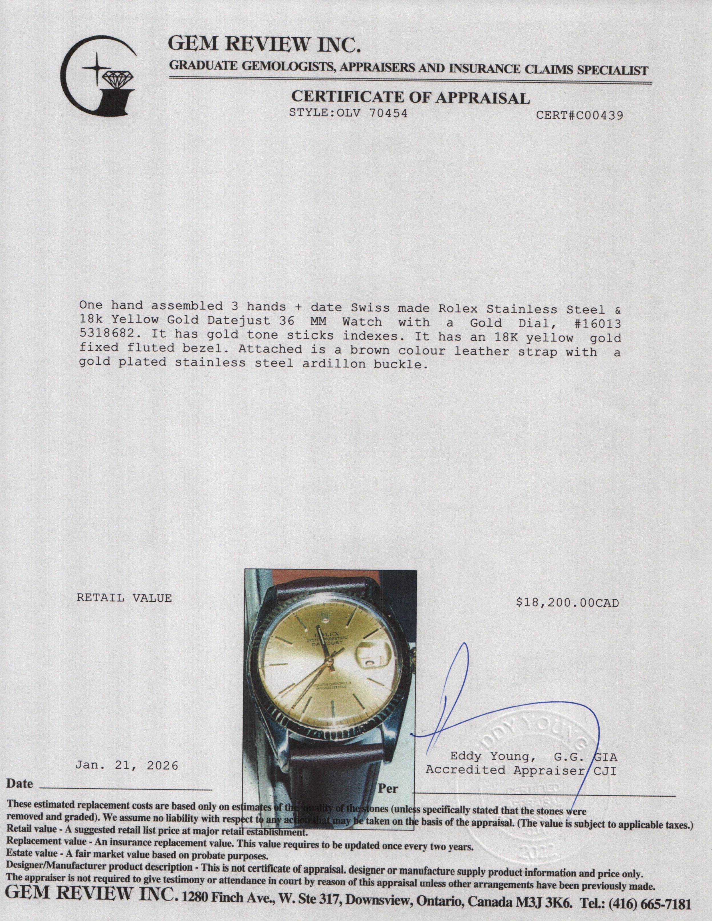 Rolex Stainless Steel & 18k Yellow Gold Datejust 36 MM Watch Gold Dial 16013