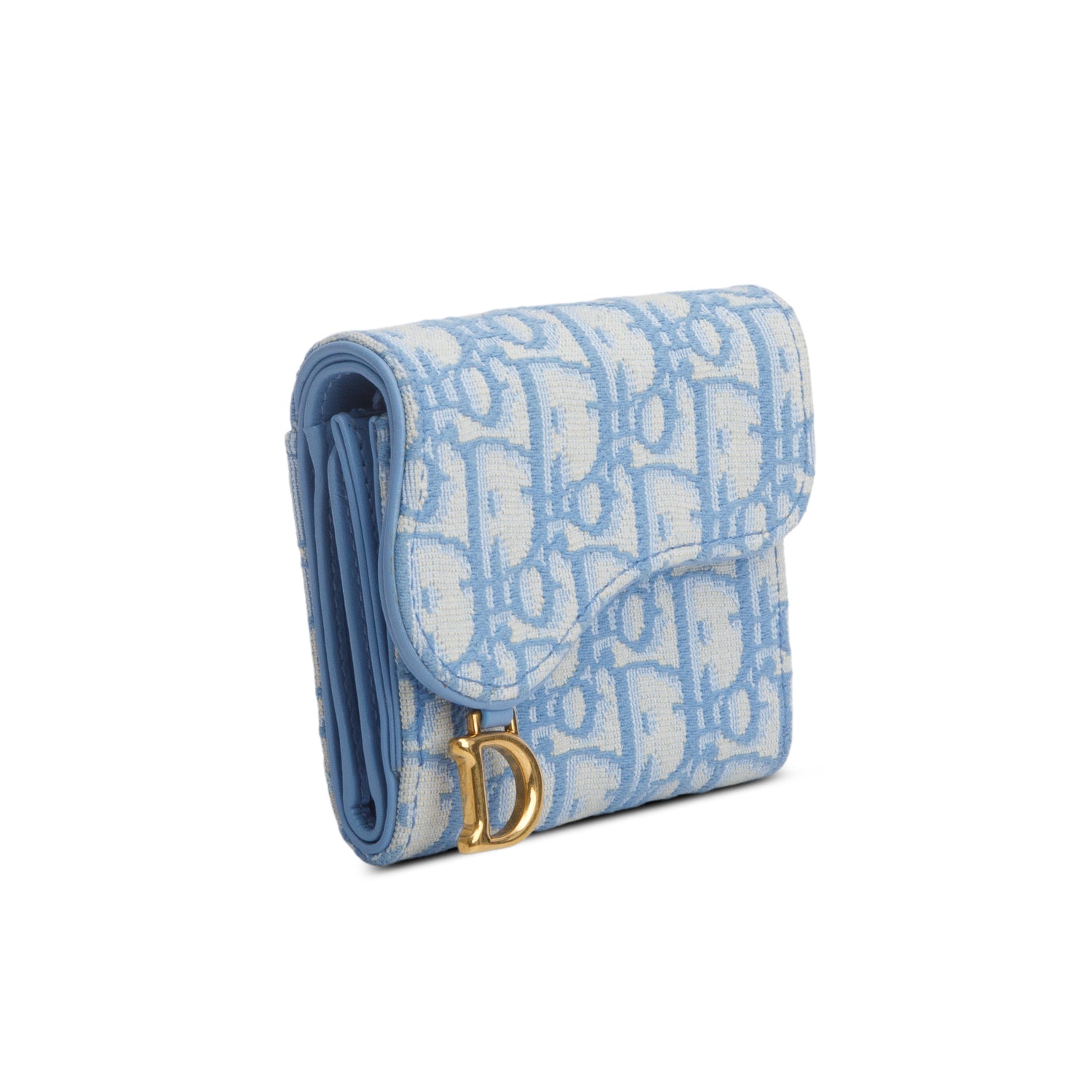 Christian Dior Light Blue Oblique Jaquard Saddle Lotus Wallet w/ Box
