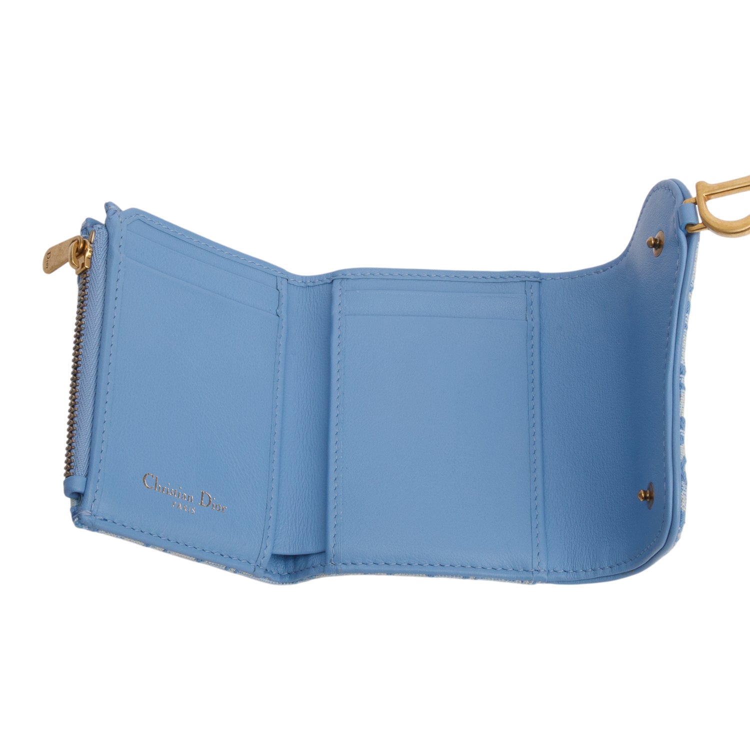 Christian Dior Light Blue Oblique Jaquard Saddle Lotus Wallet w/ Box