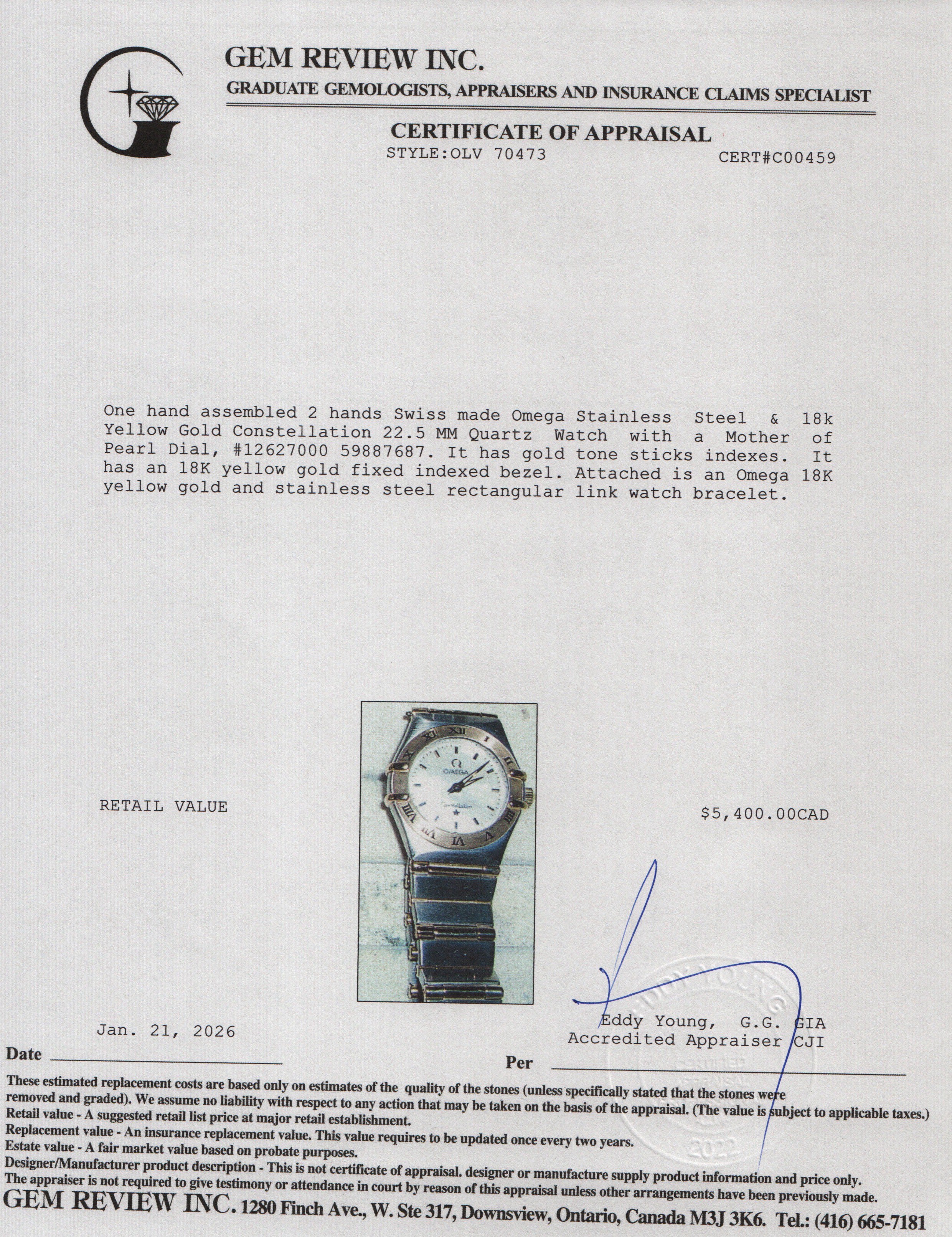 Omega Stainless Steel & 18k Yellow Gold Constellation 22.5 MM Quartz Watch Mother of Pearl Dial w/ Papers