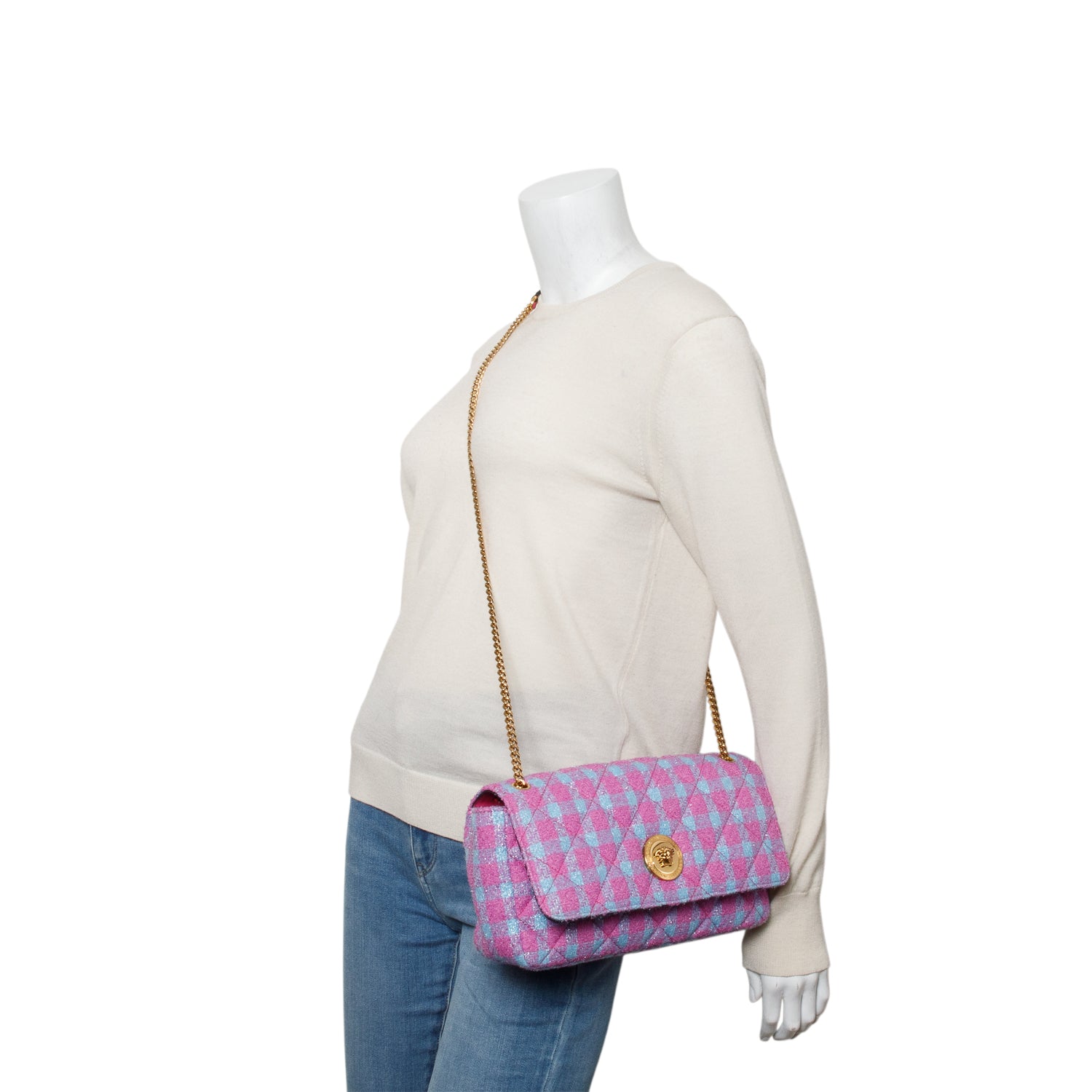Versace Blue/Purple Tweed Quilted La Medusa Shoulder Bag w/ Box