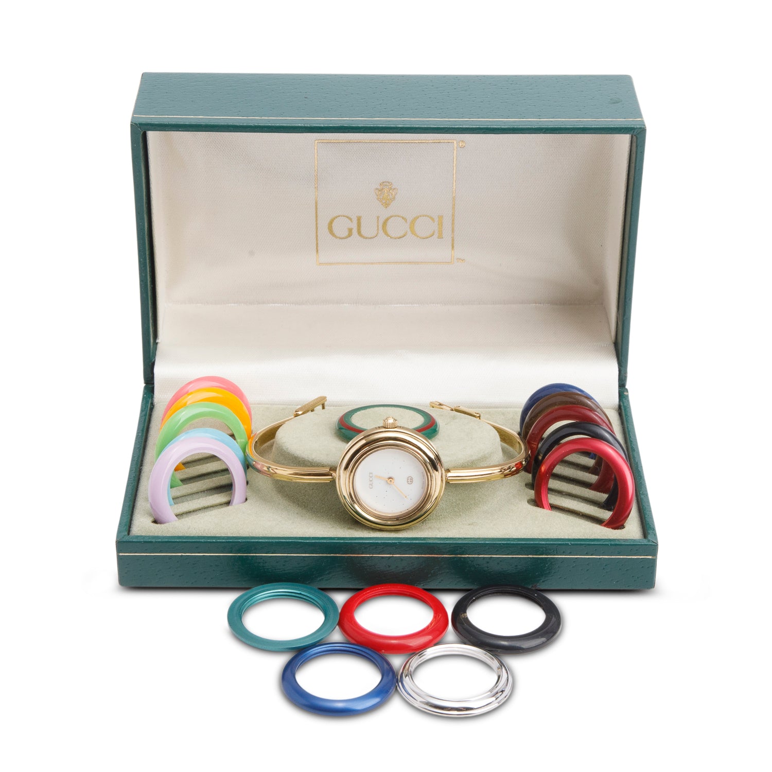 Gucci Gold Plated Stainless Steel 1100 Series 26 MM Watch w/ Box & 16 Multicolour Interchangeable Bezels
