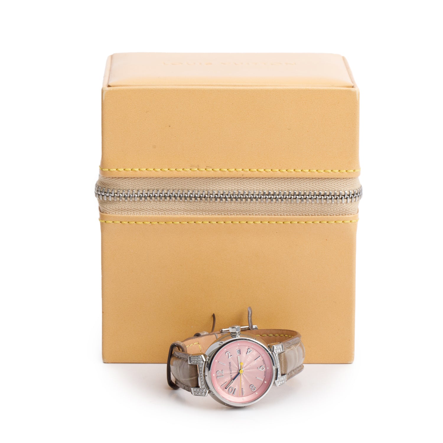 Louis Vuitton Stainless Steel & Diamond Tambour 28 MM Quartz Watch Pink Dial Q121E w/ Box