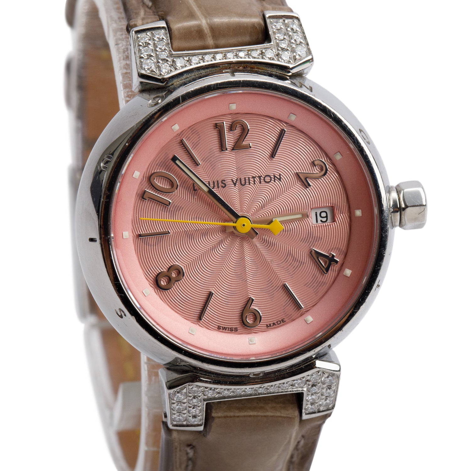 Louis Vuitton Stainless Steel & Diamond Tambour 28 MM Quartz Watch Pink Dial Q121E w/ Box