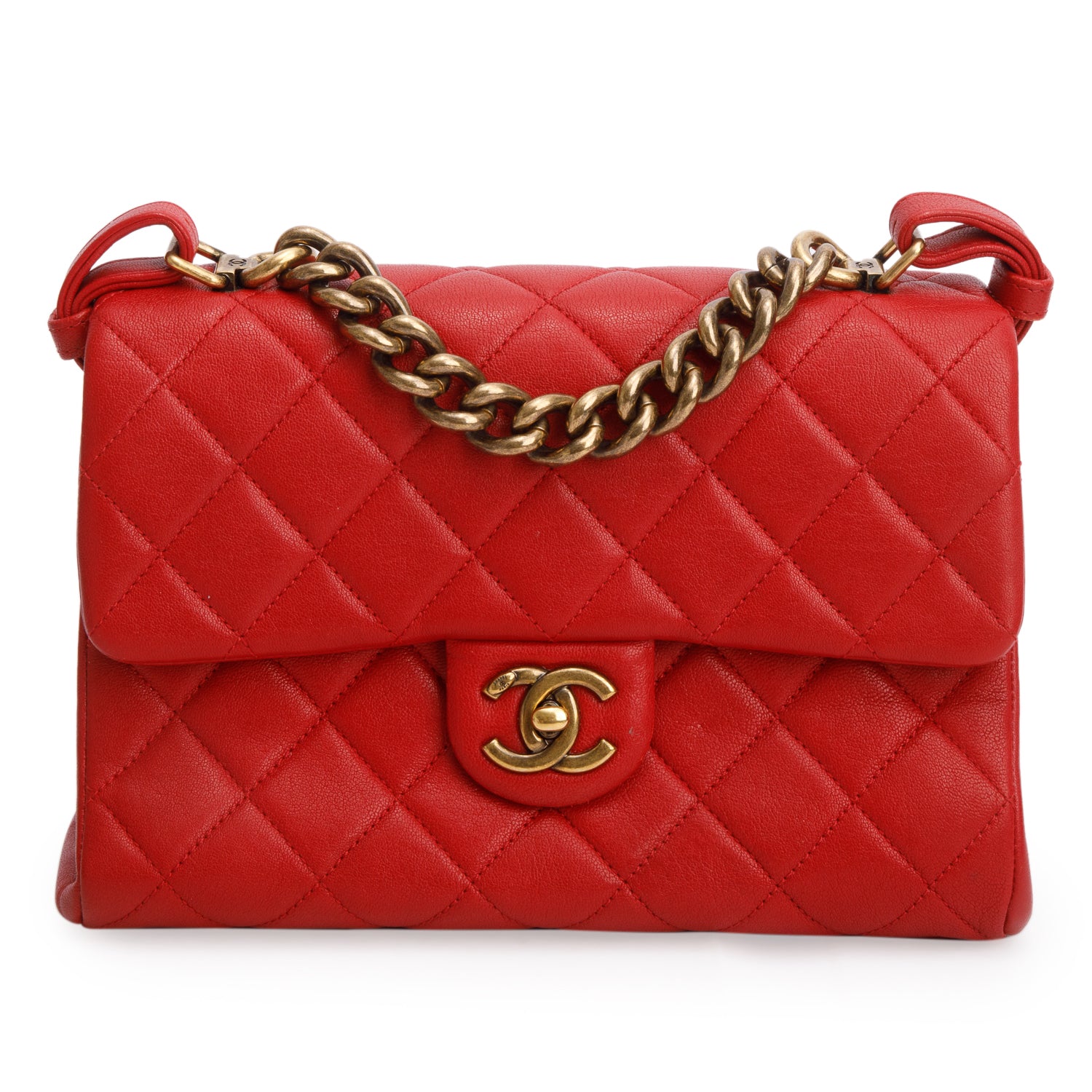 Chanel Red Shiny Sheepskin Quilted Small Trapezio Bag w/ Authenticity Card & Receipt