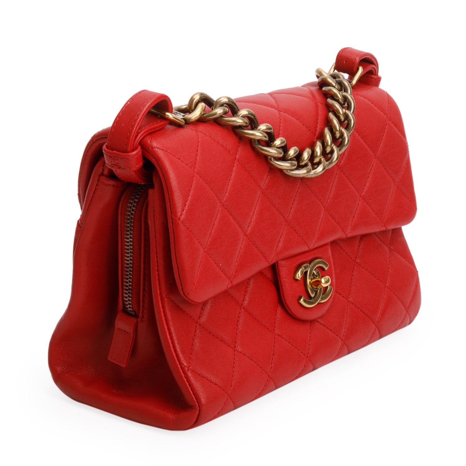 Chanel Red Shiny Sheepskin Quilted Small Trapezio Bag w/ Authenticity Card & Receipt