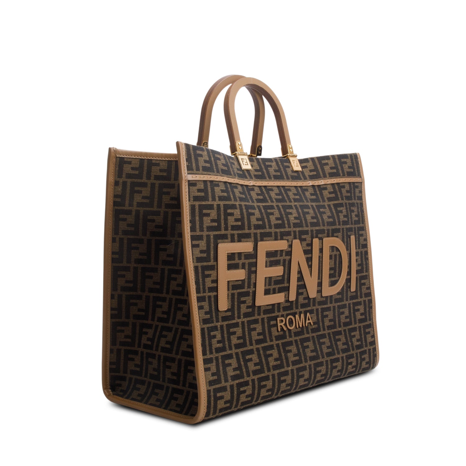 Fendi Brown Jacquard FF 1974 Logo Large Fendi Sunshine Shopper Tote