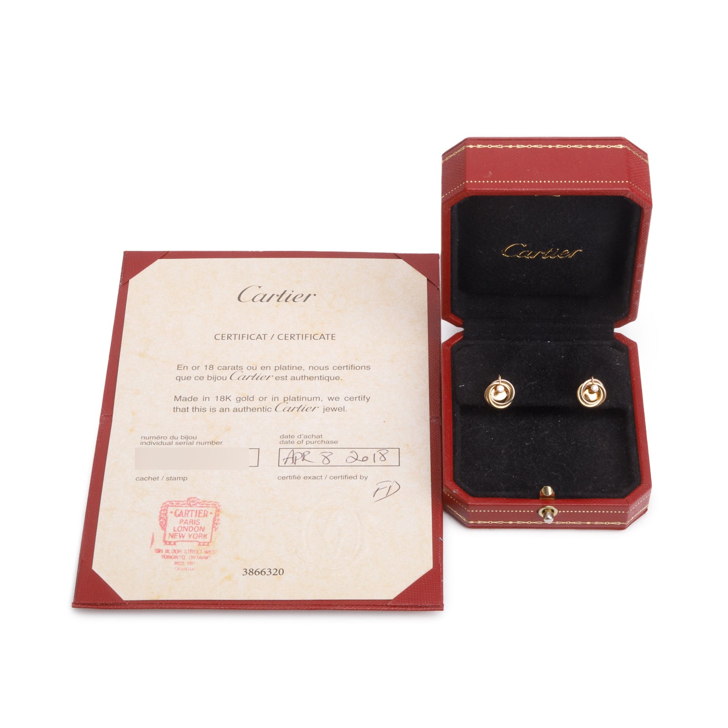 Cartier 18k Yellow, White & Rose Gold Diamond Trinity Earrings w/ Box & Certificate