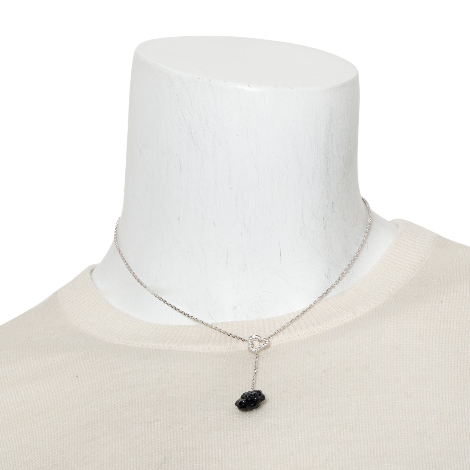Chanel 18k White Gold Diamond & Onyx Camelia Sculpte Necklace w/ Box