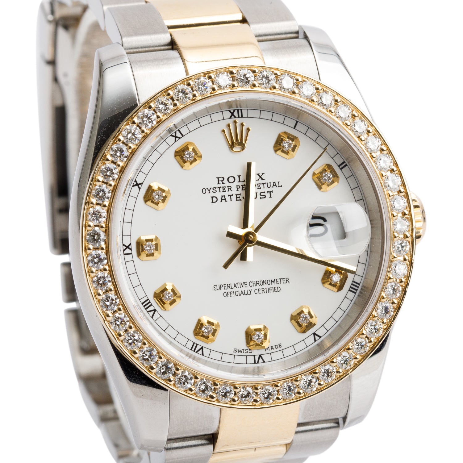 Rolex Stainless Steel & 18k Yellow Gold Diamond Bezel Datejust 36 MM Watch White Diamond Dial 116203 w/ Box