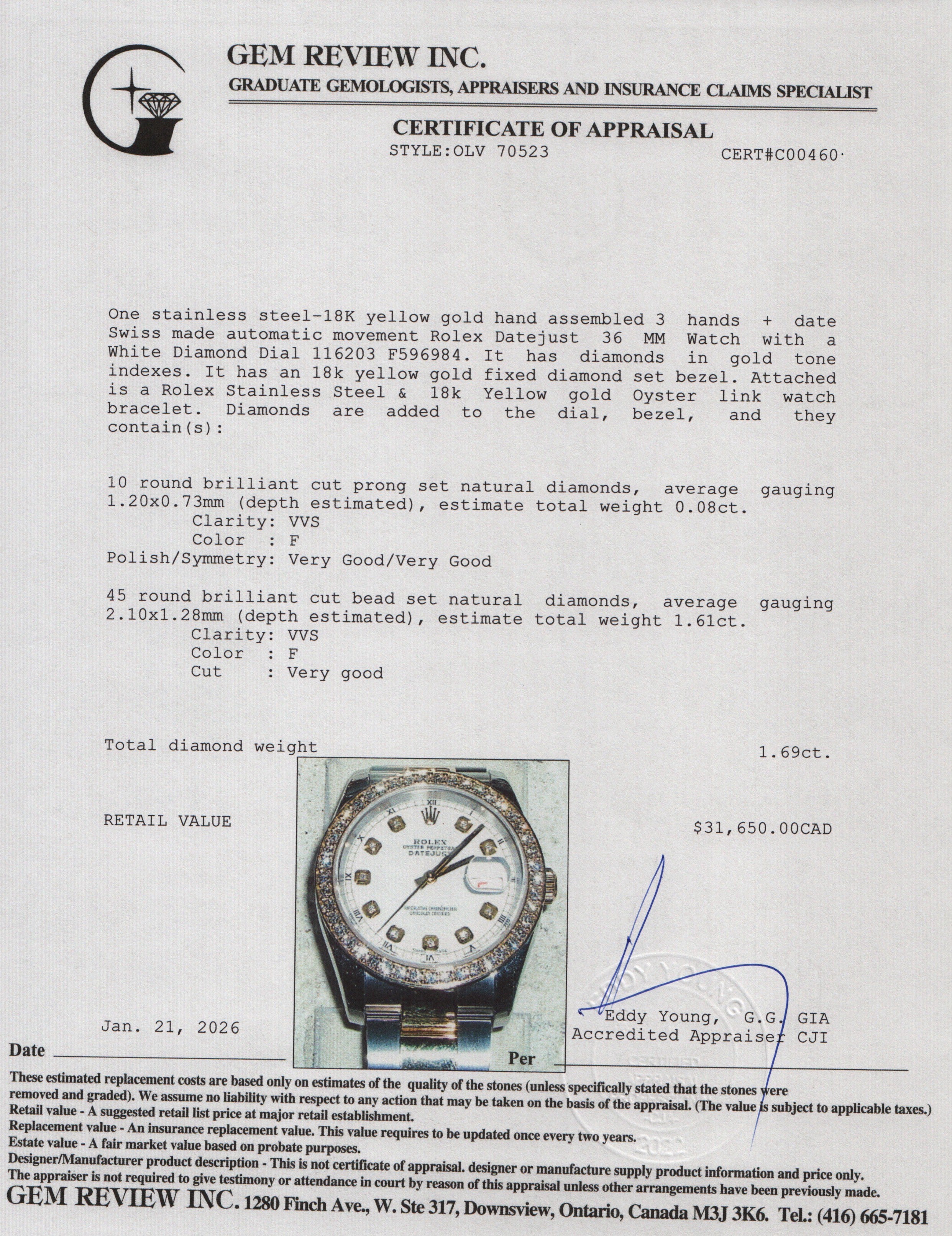 Rolex Stainless Steel & 18k Yellow Gold Diamond Bezel Datejust 36 MM Watch White Diamond Dial 116203 w/ Box